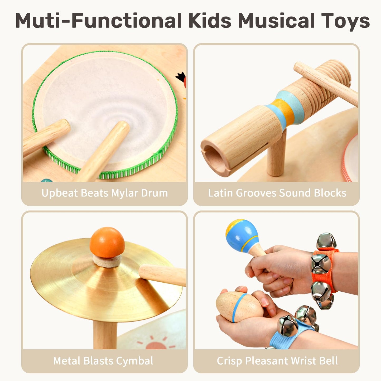 WINGYZ 11-in-1 Toddler Drum Set-Low Noise Wooden Baby Musical Instruments for Toddlers 1-3 & Montessori Musical Toys,Music Table with Bongo Drums, Cymbals, Maracas & Wrist Bells for Early Rhythm Play
