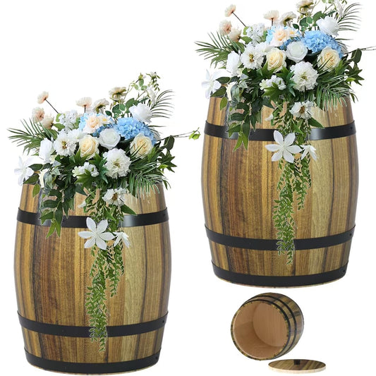 2 Pcs Wood Barrel Vases 8.3" x 6.9", Rustic Flower Stand with Lid, Vintage Flower Vase Planter for Centerpiece Table Decorations, Weddings, Engagements, Garden, Home Party Decor