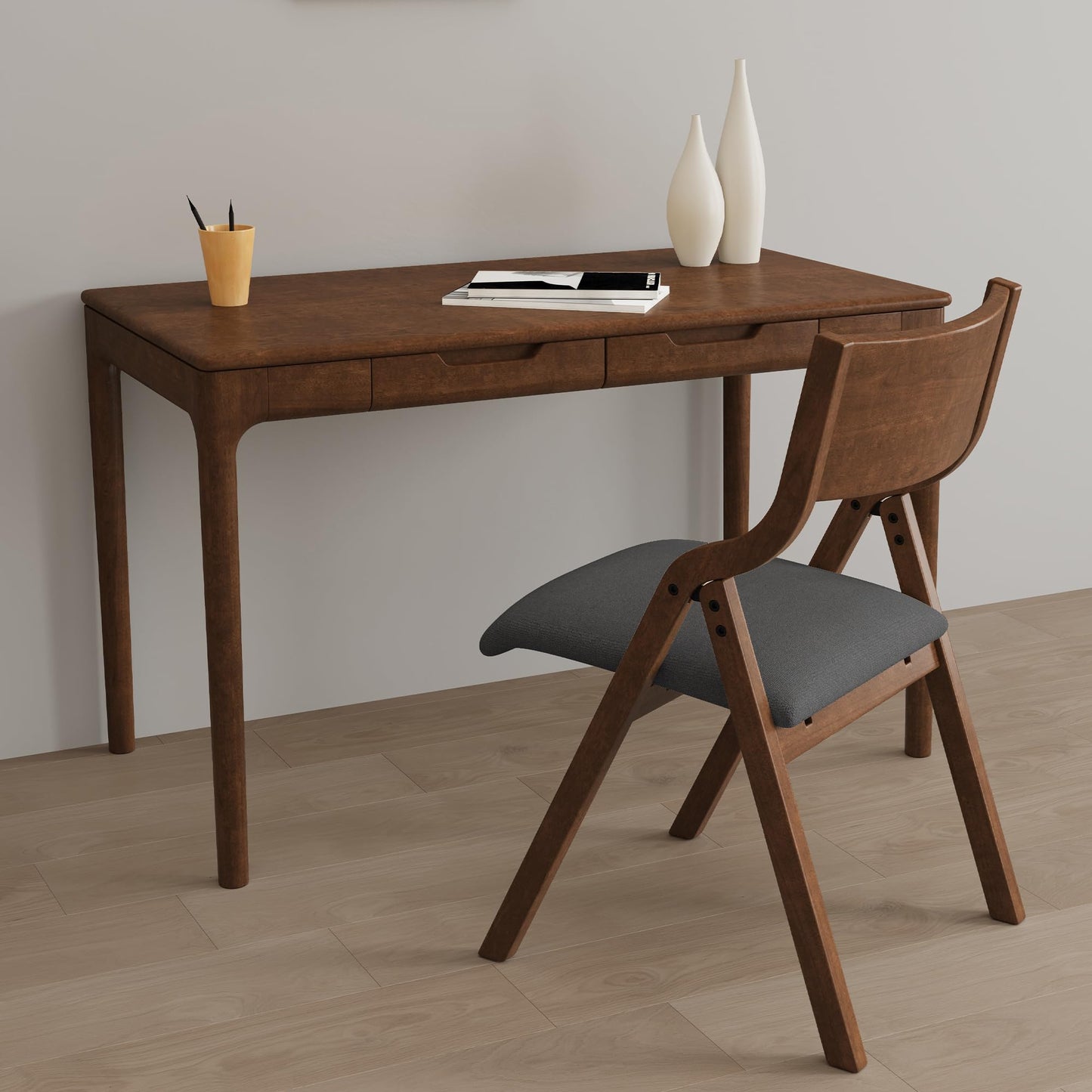 Ball & Cast Upholstered Folding Dining Chairs Set of 2, Foldable Wooden Chair 2-Pack, Portable Office-Chair for Kitchen Outdoor Activity, Easy Carry & Storage, Walnut+Grey