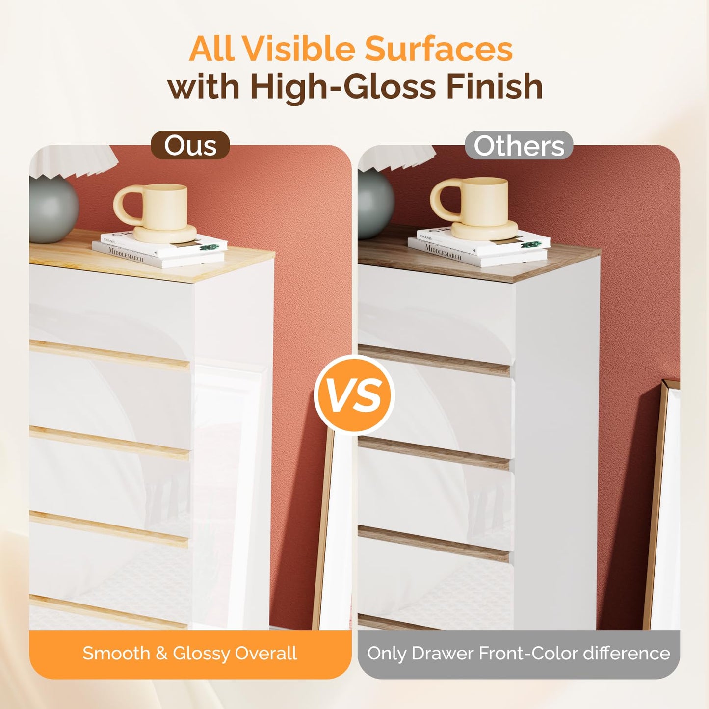 VINGLI 5 Drawer Dresser for Bedroom, 45" H Tall Dresser Chest of Drawers, High Gloss Wood Modern Storage Cabinet with Brown Top