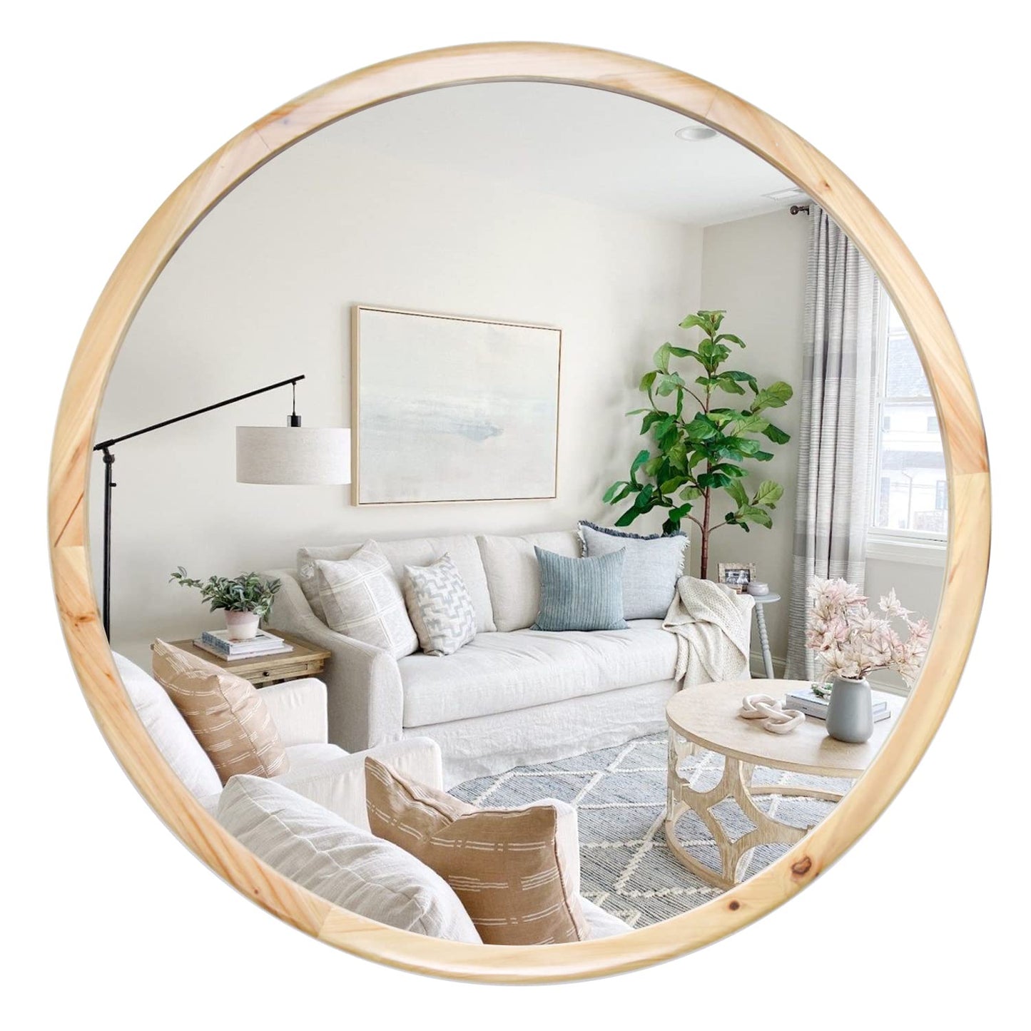 GLCS GLAUCUS Round Wood Mirror,32 inch Circle Wooden Natural Large Farmhouse Vanity Boho Decor Wall Mirror for Bathroom Bedroom Living Room Hallway