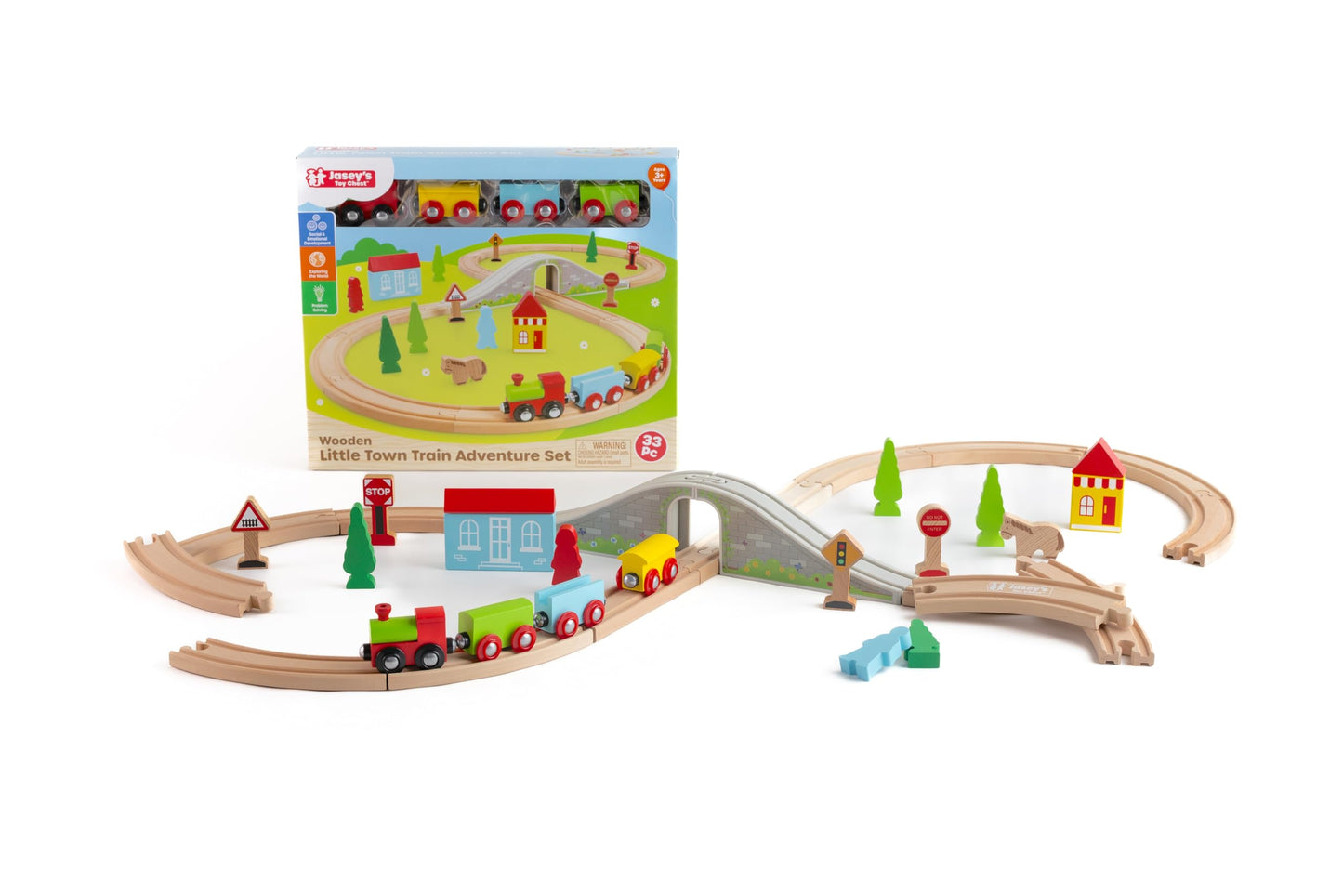 Jasey's Toy Chest 33-Piece Wooden Little Town Train Adventure Set | Interlocking Tracks, Bridge, & Town Accessories | Compatible with Other Wooden Train Sets | for Toddlers Ages 3+
