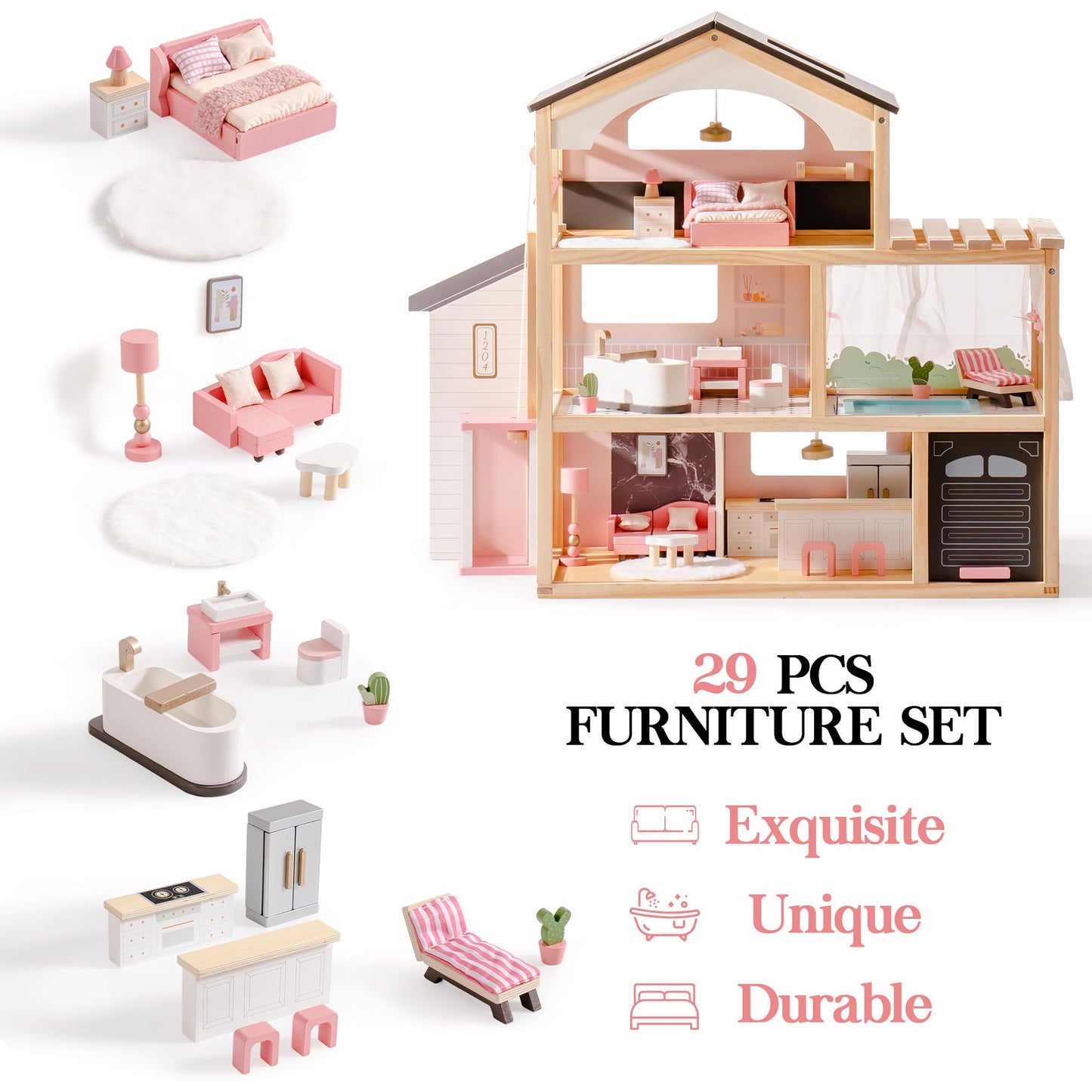 ROBOTIME Wooden Dollhouse, Doll House with 29 Pieces Furniture Set - Pool and Elevator, Wooden Doll House for 4, 5, 6-Inch Dolls, 6 Rooms Pink Dollhouse Gift for Kids Girls Ages 3+ (Black)