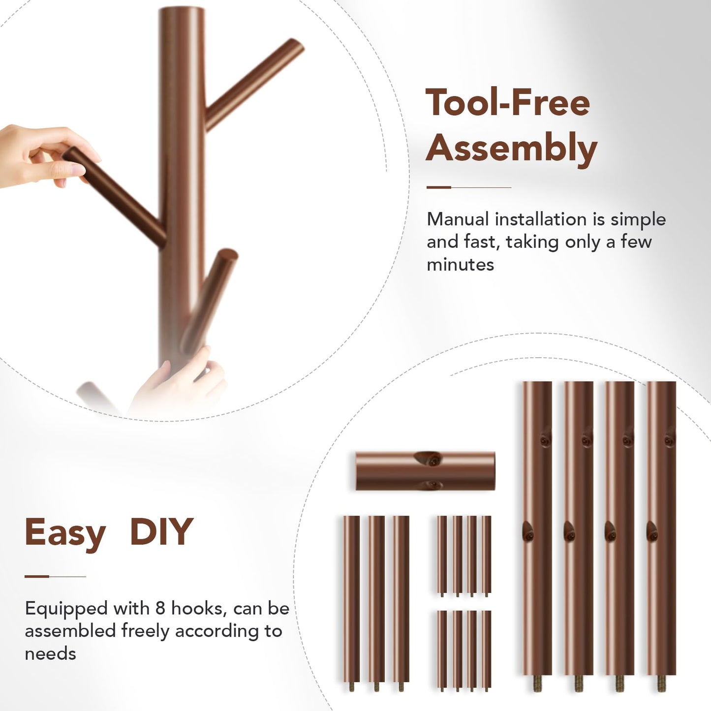 OUTGAVA Wooden Coat Rack Freestanding with 8 Hooks,Easy Assembly New Zealand Pine Tree Coat Racks, 3 Adjustable Sizes for Clothes, Hats, Bags, for Entryway, Hallway, Bedroom, Office (Brown, 1 PC)