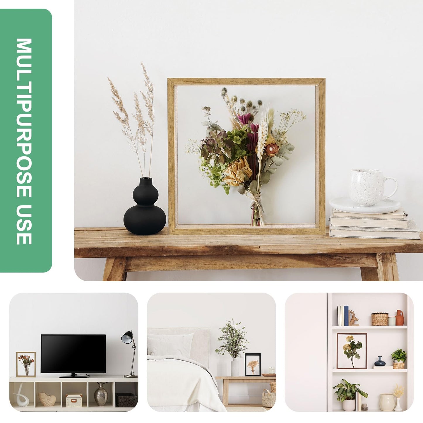 M METERXITY 1-Pack Dried Flower Frame, 8 x 8 Inch Double Acrylic Wooden Dried Flower Photo Floating Frame for Tabletop/DIY/Handicrafts [Black]