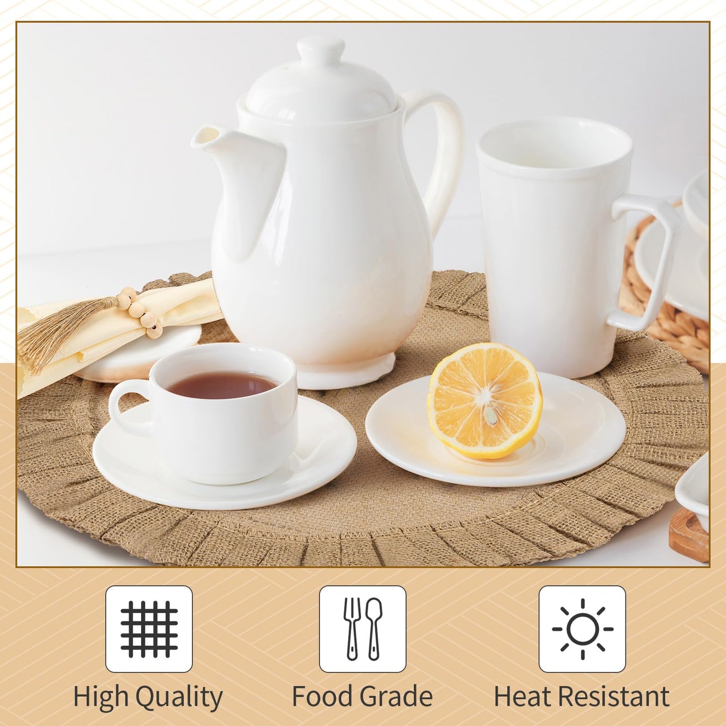 Gejoy 18 Pcs Round Burlap Placemats Wood Bead Napkin Rings with Dinner Napkins Cloth, Jute Heat Resistant Placemats Boho Wooden Rings for Plates Wedding Dining Table