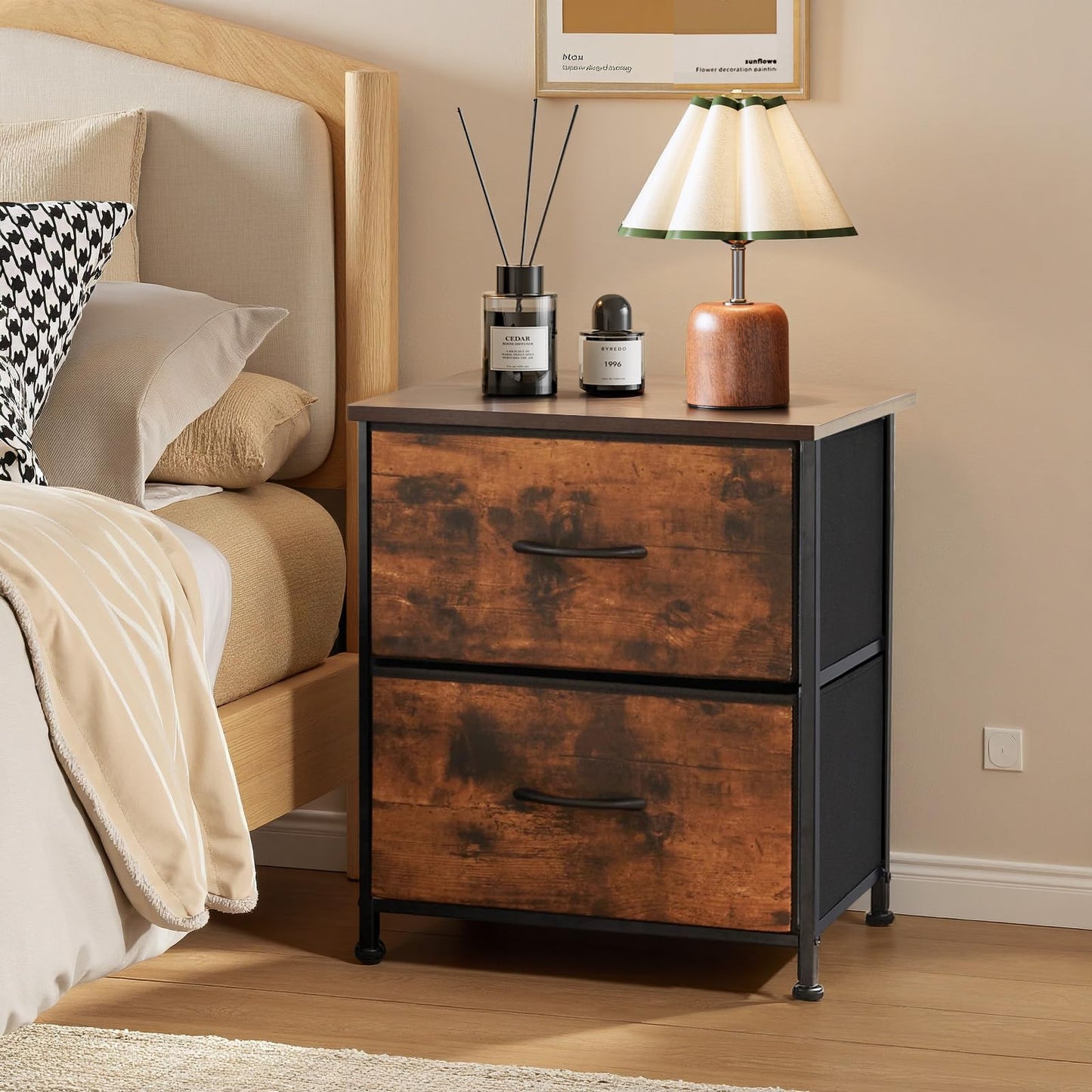 Nightstand, Small 2 Drawer Dresser End Table Bedside Furniture, Wooden Top Fabric Bins for Bedroom, Closet, Entryway, Dorm, 11.8" D x 18" W x 20", Brown