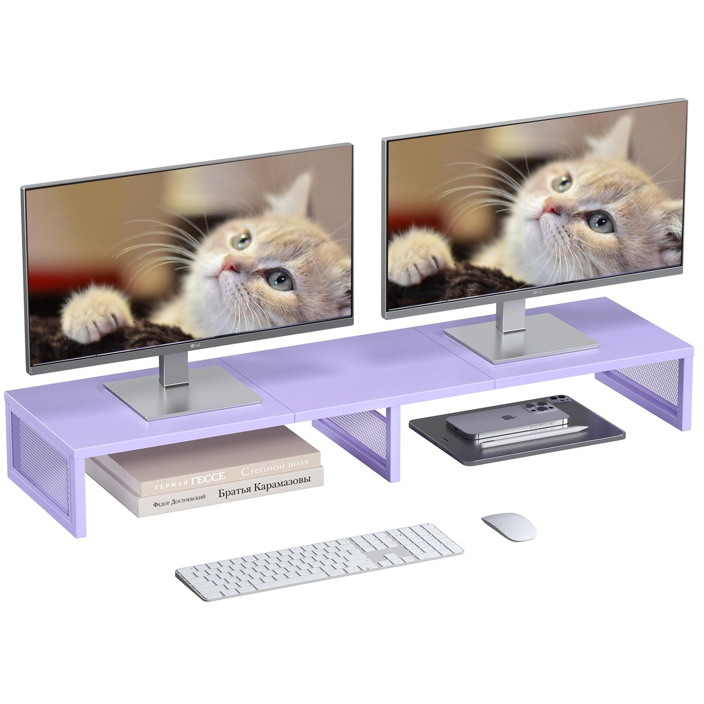 Gugsey Dual Computer Monitor Stand Riser, Desk Organizers and Accessories, Printer & TV Stand, Desk Shelf, Office Desk Accessories & Desktop Workspace Organizer for Office Supplies, Purple