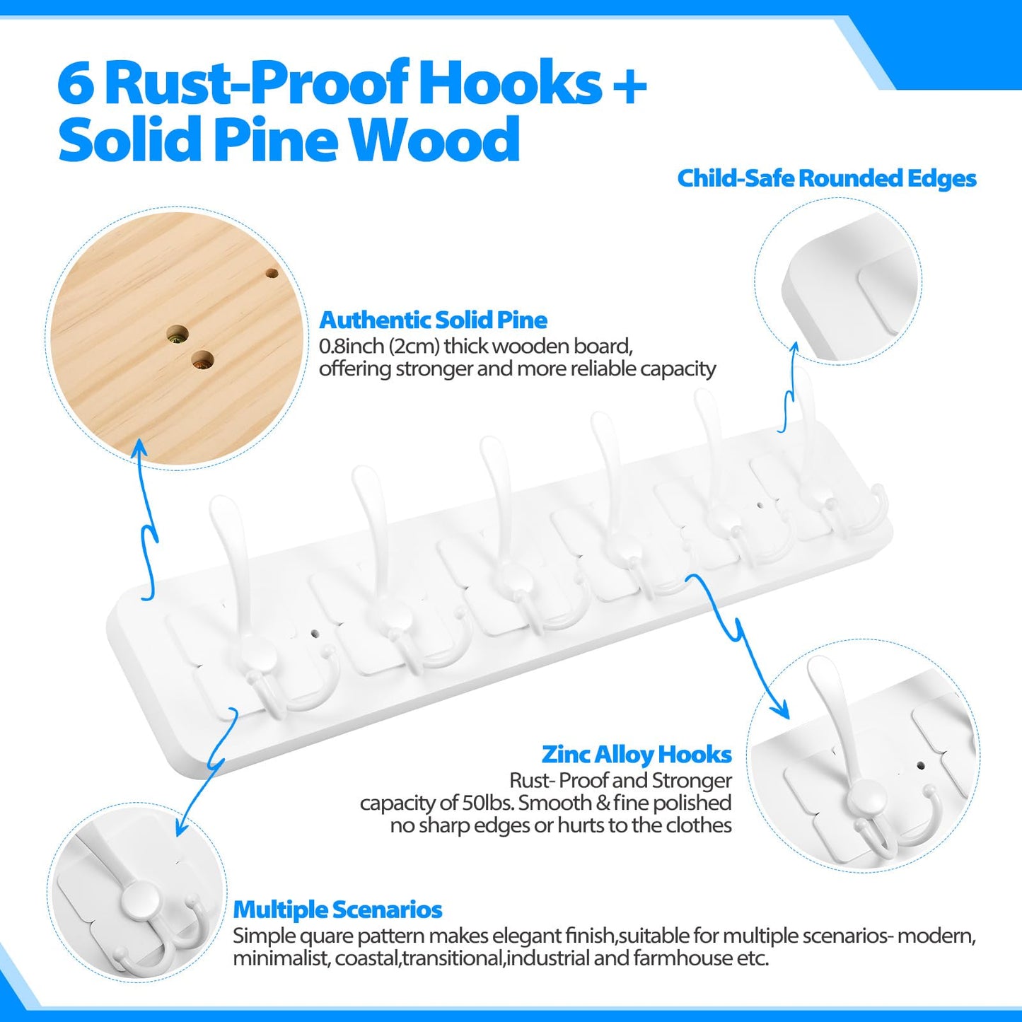 VIEBSOTG Solid Pine Wooden Wall-Mounted Coat Rack - Rustic Entryway Organizer with 6 Zinc Alloy Hooks, Space Saving Wall Coat Hanger for Jackets, Hats, Bags, Towels & Robes (White, 6 Triple Hooks)