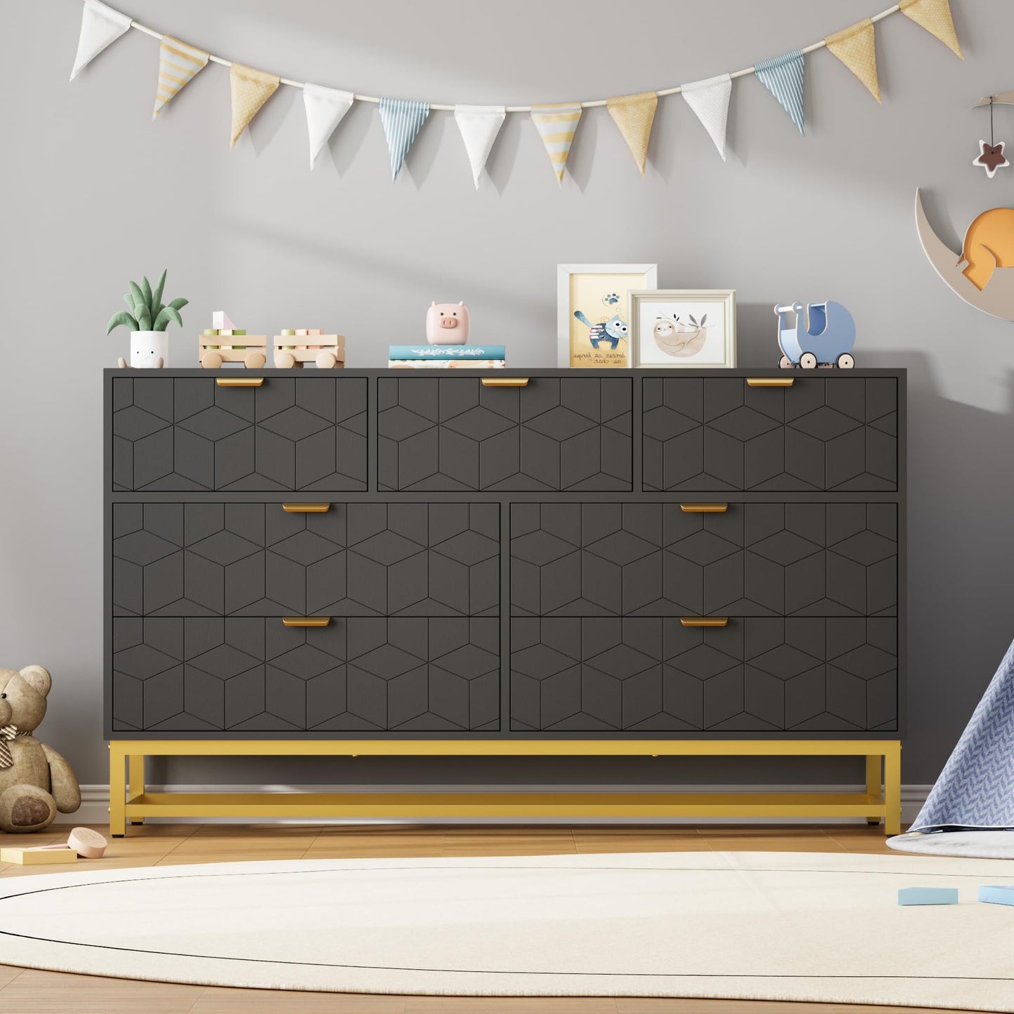 IDEALHOUSE Dresser for Bedroom, 53.5” Wide Dresser Organizer, 7 Drawer with Golden Metal Handle and Legs, Large Modern Chest of Drawers for Closet, Hallway, Living Room, Entryway, Black