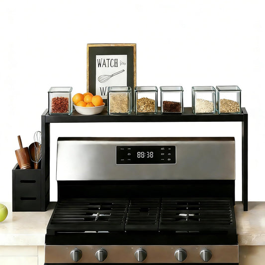 AODANC Over The Stove Shelf Wooden,Bamboo Spice Rack for Above the Kitchen Hob,31.5-inch Spice Storage Rack,Height-Adjustable, 50-pound Weight Capacity, Easy to Assemble (Black)