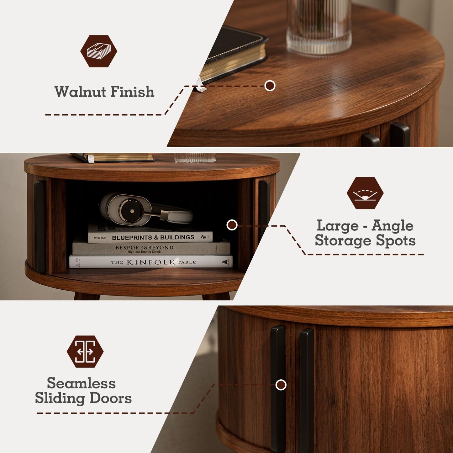 ZttRiee Round Side Table with Sliding Doors, Mid-Century End Table, Walnut
