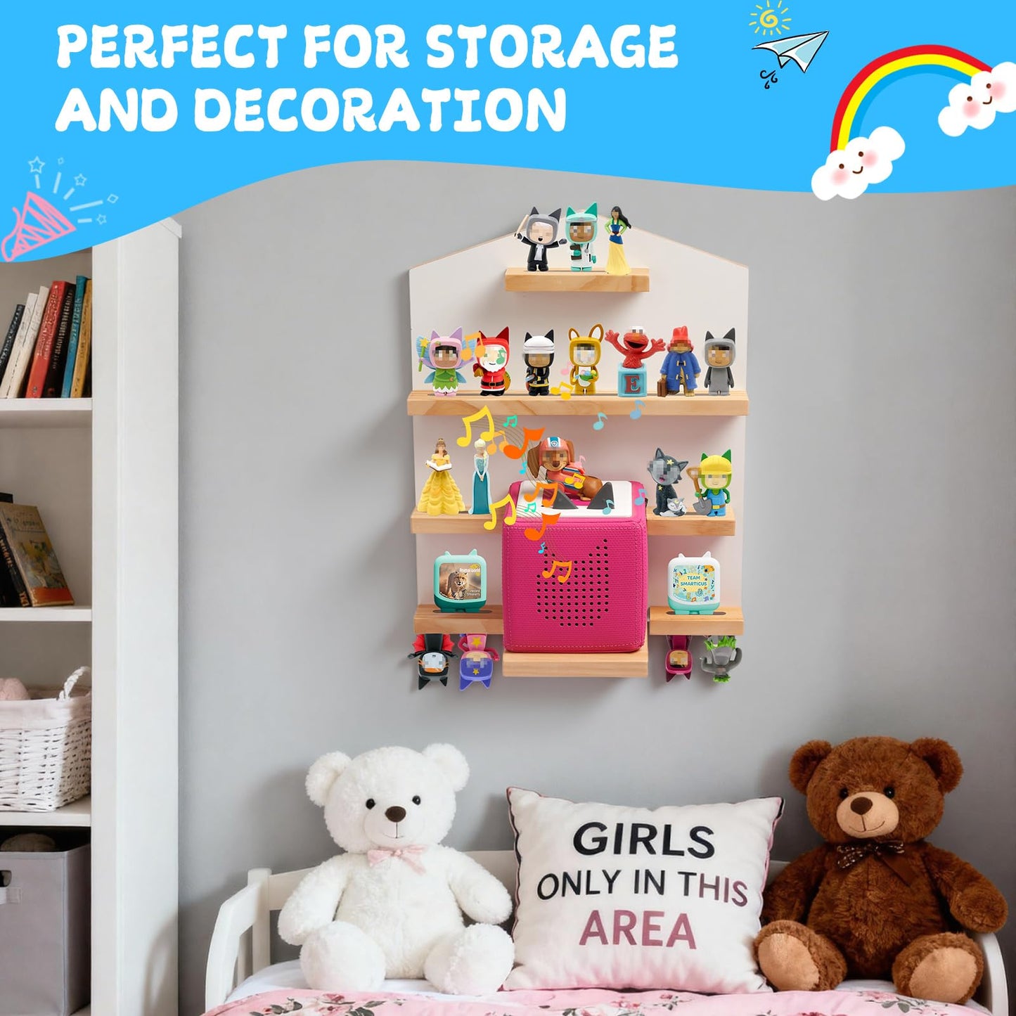 Gieanoo for TonieBox 2/1 Toniebox Shelf, Magnetic Shelf for Tonies Pine Wooden Floating Wall Shelves Organizer Compatible with Tonie Box Player and Tonie Figures Storage(White)