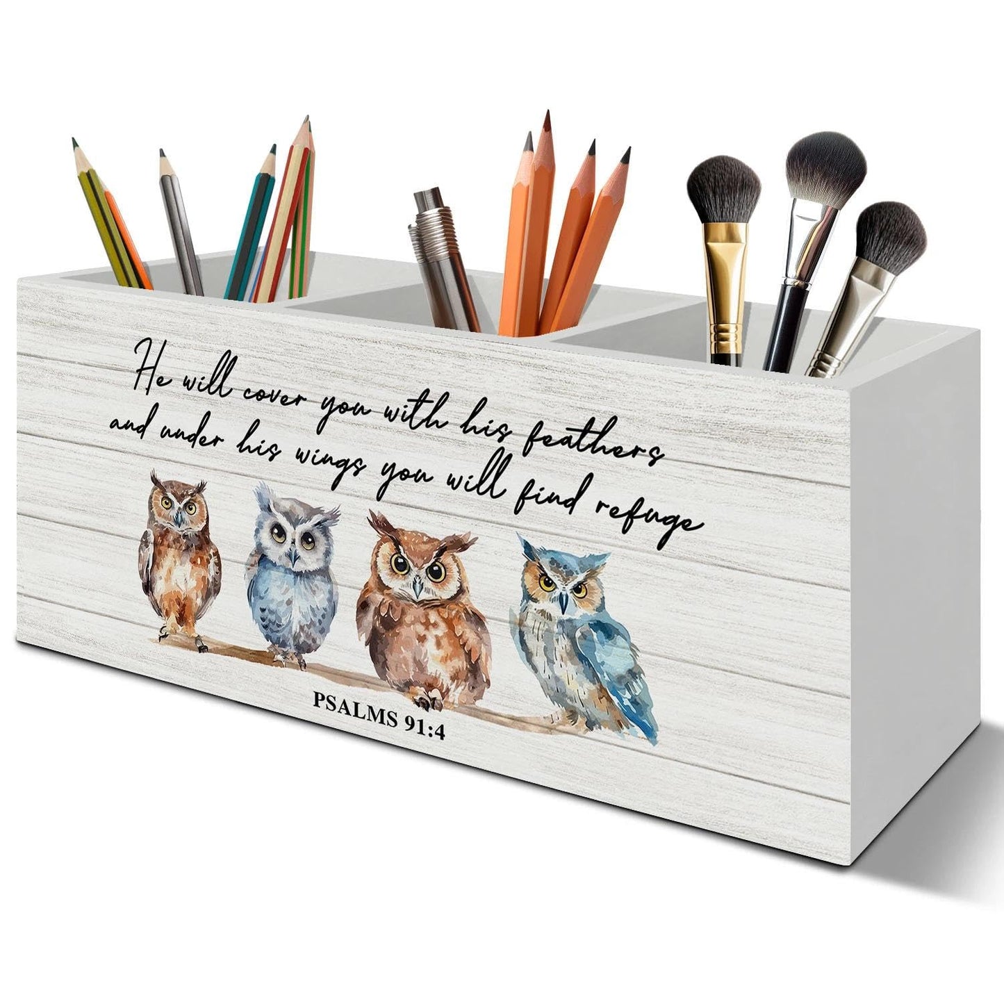 LIANGEAGOM Christian Owl Bird Pen Pencil Holder Organizer for Desk Accessories, Christian Gifts for Women, Owl Gifts, Bible Verse Wooden Box Signs Decorations for Home Office Desk Tabletop