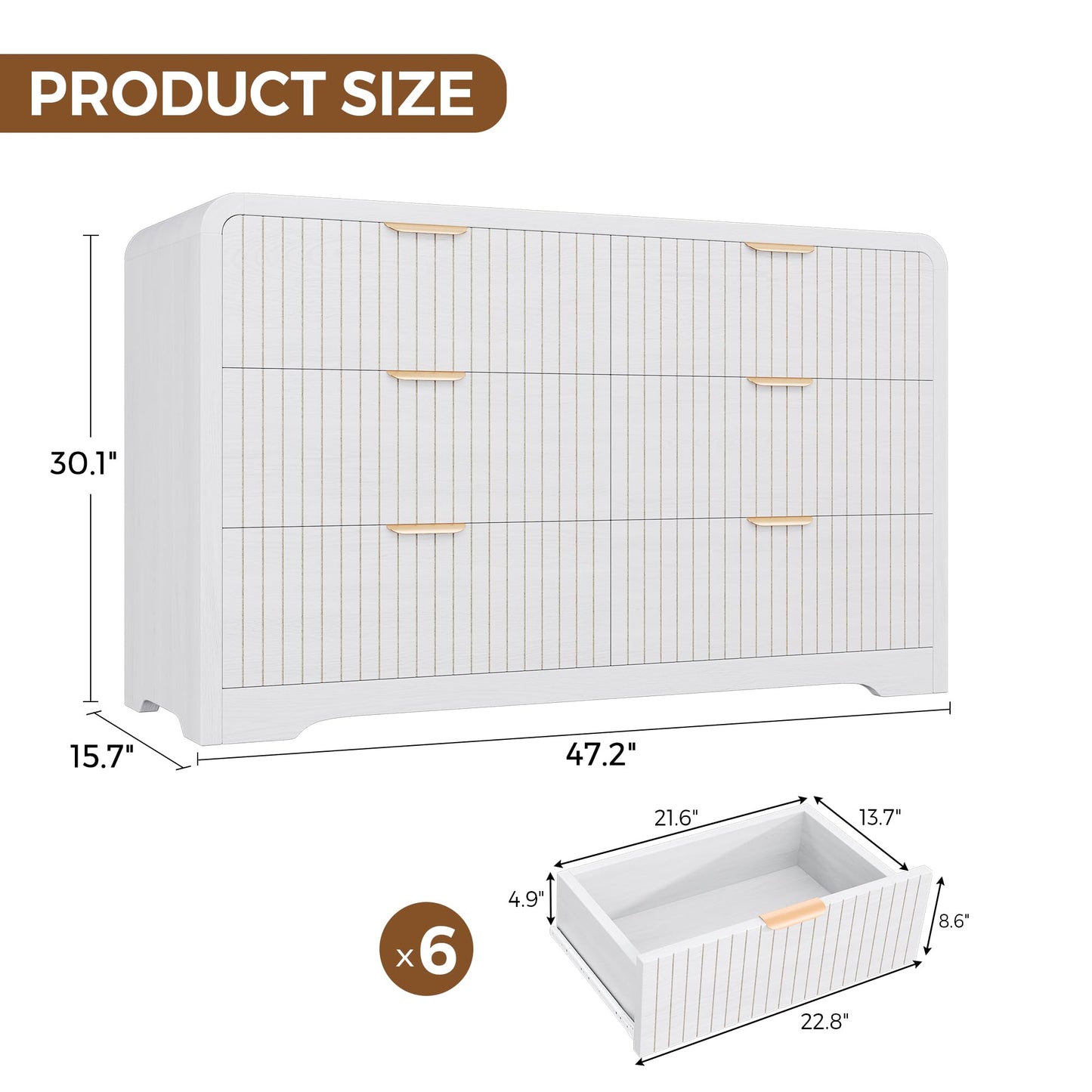 Jocoevol Modern 6 Drawer Dresser for Bedroom, 47" Wide Wood Dressers & Chests of Drawers Curved Profile Design, Mid Century Modern Fluted Dresser for Bedroom, White