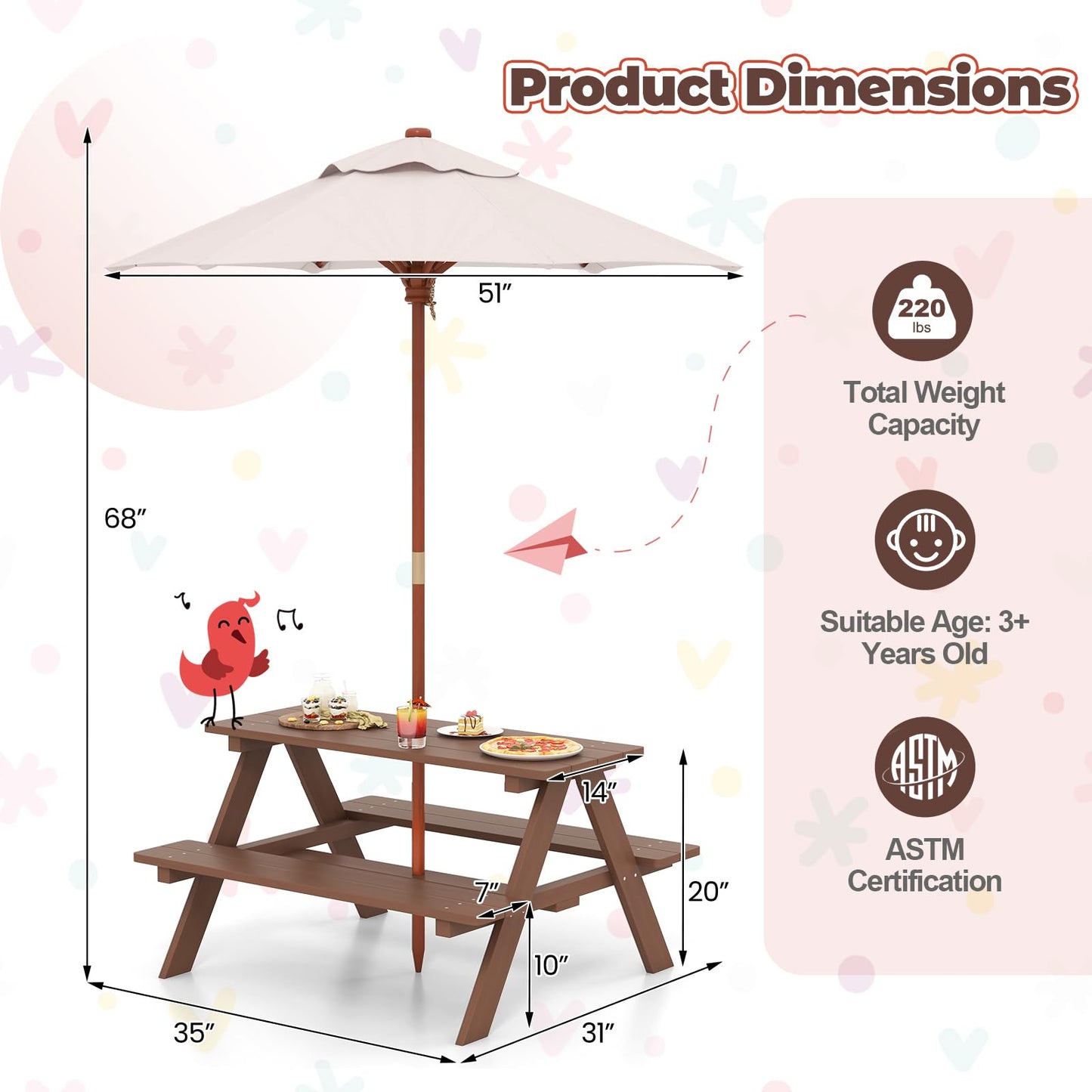 HONEY JOY Kids Picnic Table, Toddler Outdoor Table & Bench Set, Wooden Children Patio Furniture with Folding Umbrella, Kids Picnic Tables for Outdoors, Gift for Boys Girls