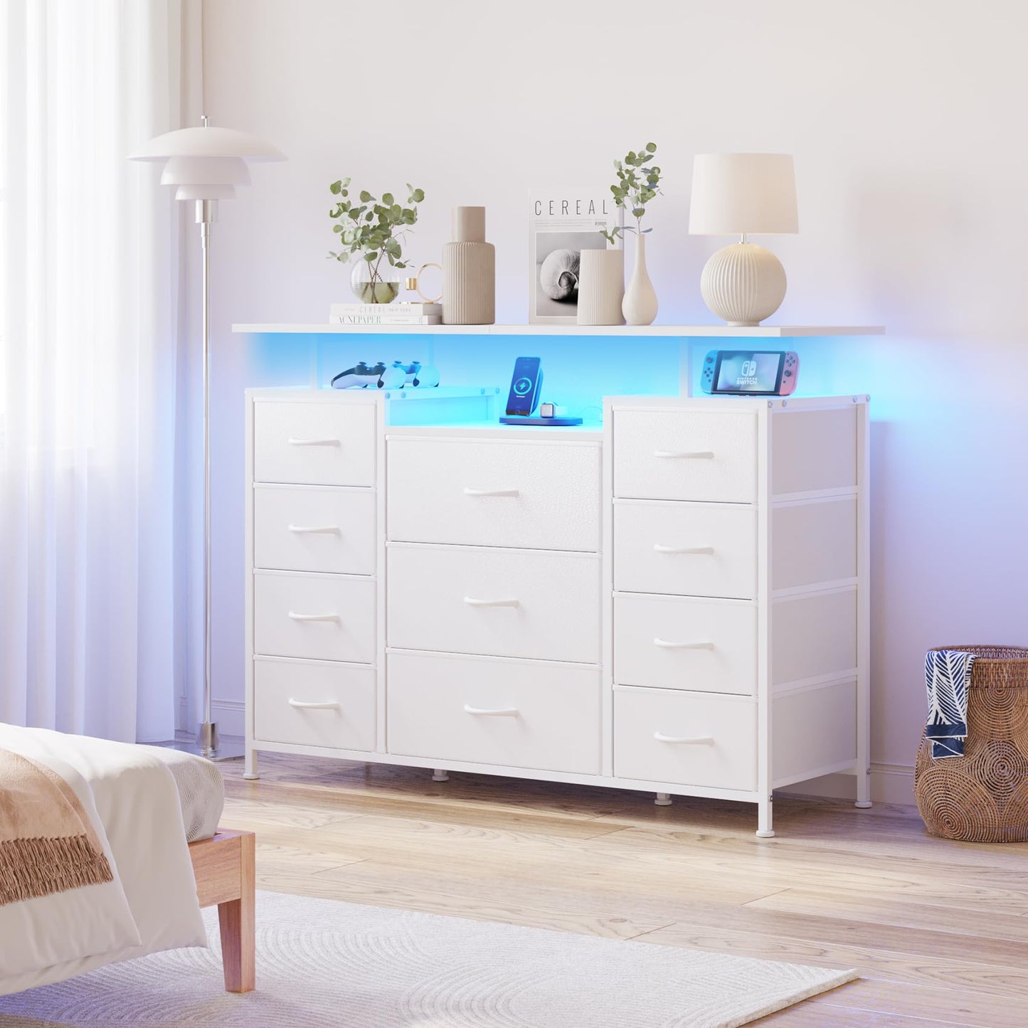 LUMTOK 11 Drawers Dresser with Fabric Drawers,Charging Station, LED Lights and Shelves for Bedroom Storage Organization