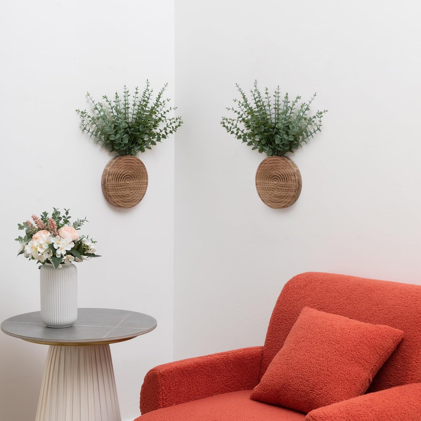 Teecyhooo 2 Pack Round Wooden Wall Vase Indoor Plants Hanging Boho Modern Farmhouse Wall Art Decor for Living Room, Bathroom Entryway, Hallway Fake Flower Plants