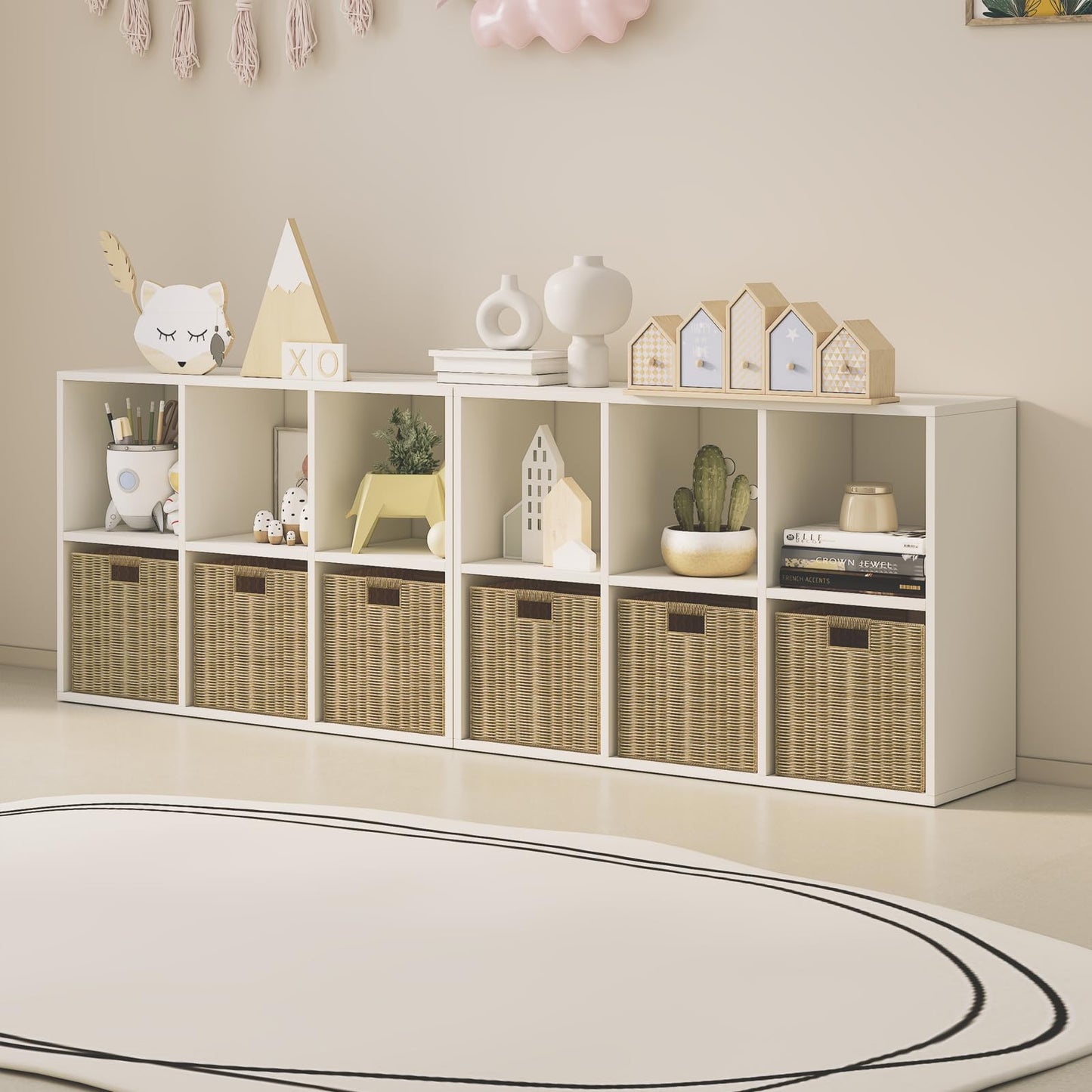 Wood Cube Storage Organizer Closet Cabinet for Living Room Bedroom Study Shelf Bookcase Wooden Floor Standing Open Bookshelf for Kids Home Office Display Storage Cabinet (White, 6-Cube, 11.81in)
