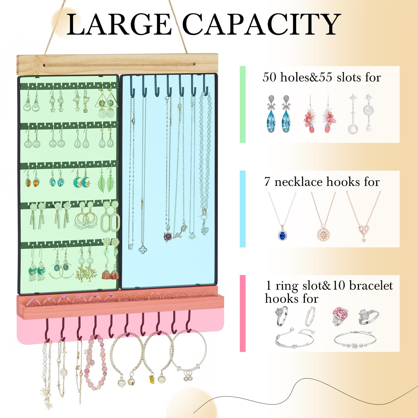 Feyejade Hanging Jewelry Organizer, 5-Tier Wall Earring Holder with Wooden Ring Groove, Jewelry Rack Wall Mounted for Earrings, Necklaces, Bracelets and Rings, Jewelry Holder Stand, Black