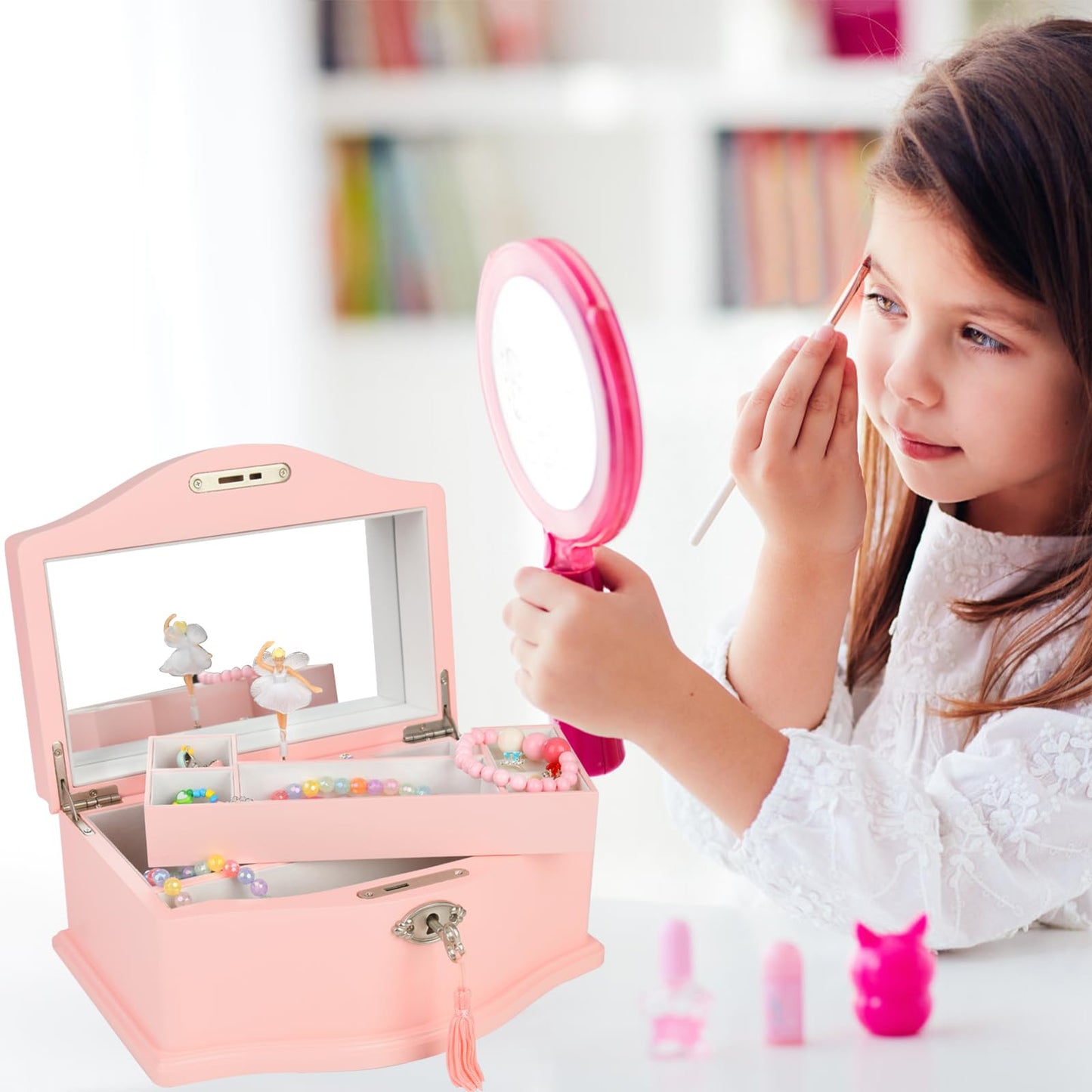Elle Jewelry Box - Ballerina Jewelry Organizer and Swan Lake Wind-Up Music Box for Girls and Teens, Accessories and Keepsake Wooden Storage with Lock and Mirror, Charming Room Decor and Gift, Large