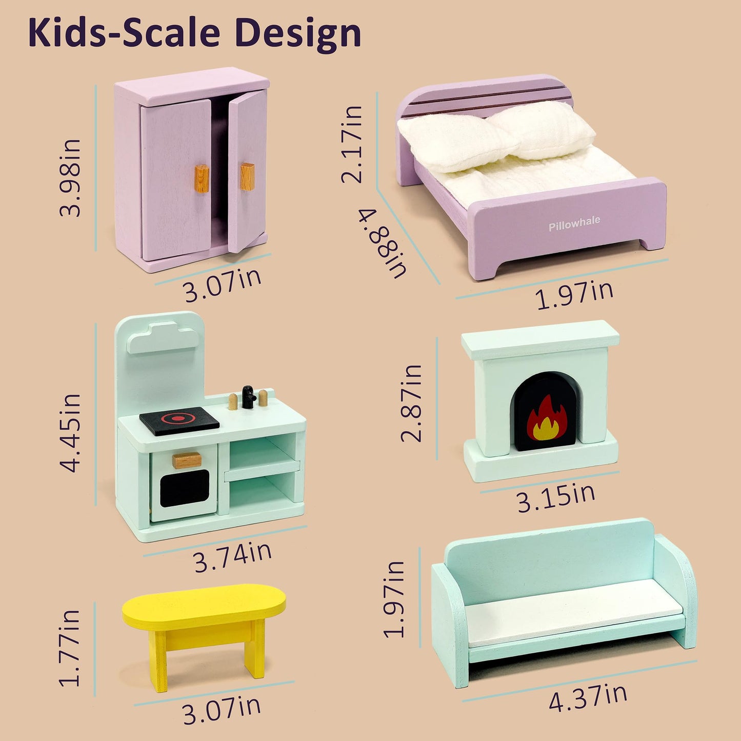 Pillowhale Wooden Dollhouse Furniture Set,36-Piece Dollhouse Furniture & Accessories for 6 Rooms,Interactive Pretend Play Furniture Toys, Gift for Kids Age 3+