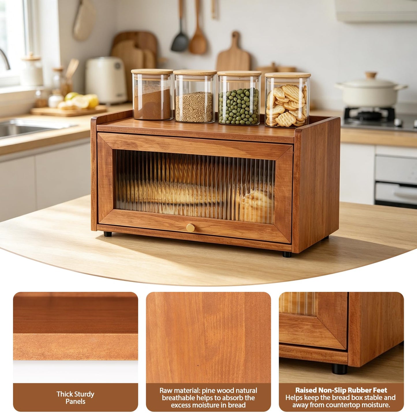 OCSERMIR Wooden Bread Box for Kitchen Countertop, Daily Bread Storage for Clutter-Free Counters, Flat Top Bread Holder with Acrylic Door, Brown