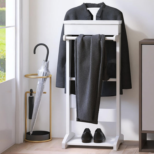 RELAHOGAR Clothes Valet Stand for Men, Wooden Mens Valet Stand with Tray Organizer, Shoe Shelf, Hanging Rod and Suit Rack, Freestanding Clothes Rack for Bedroom Entryway Office, White