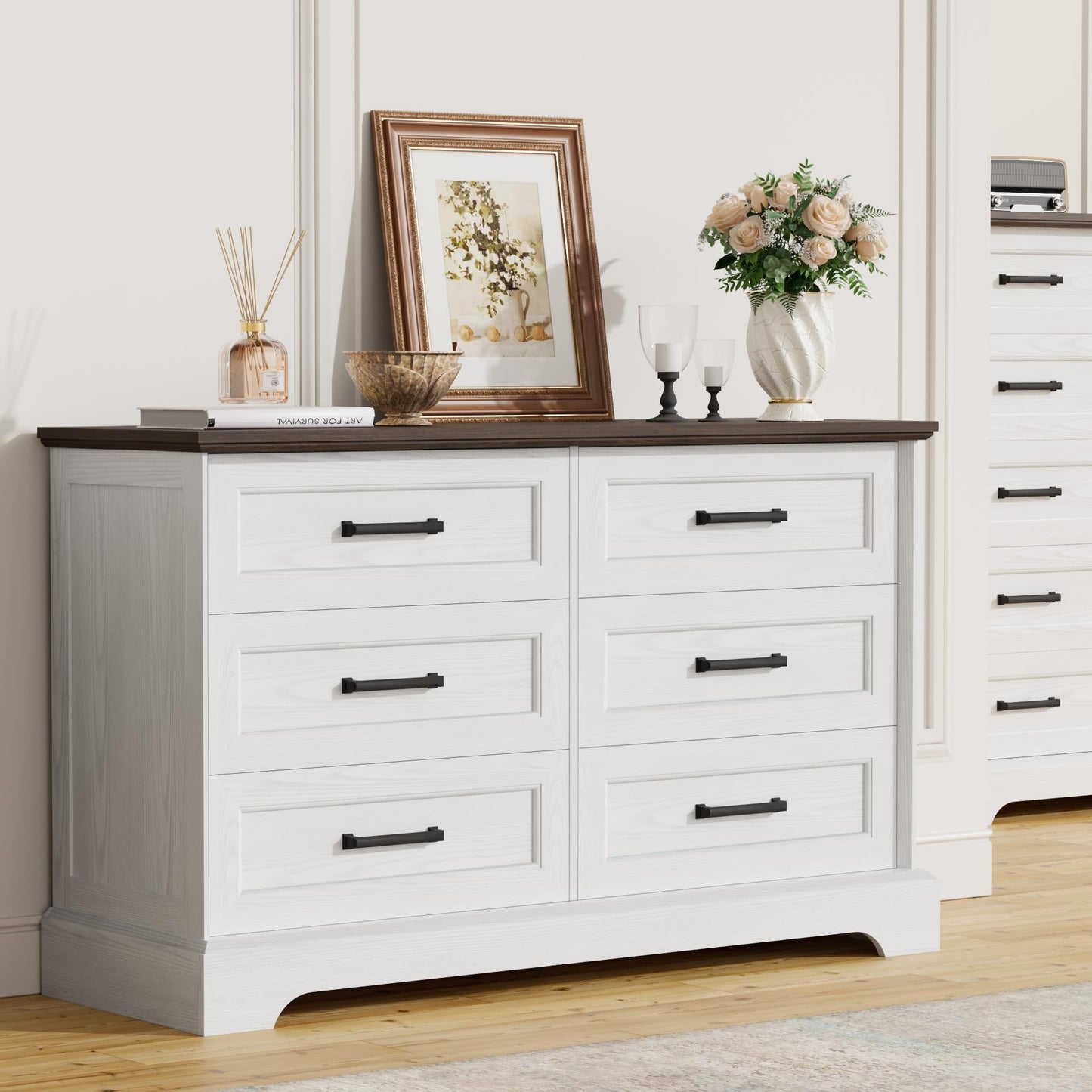 Furmax Farmhouse Dresser for Bedroom, 6 Drawers Dresser, Wood Chest of Drawers, 47.2" Wide Storage Dressers Organizer for Bedroom, Living Room, White and Brown
