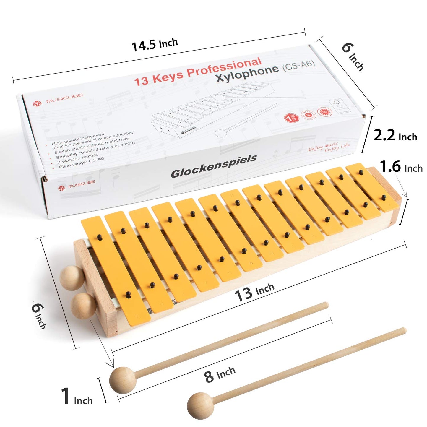 MUSICUBE 13 Keys Xylophone for Kids Wooden Xylophone Musical Instrument with Mallets Glockenspiel Instrument Educational Sensory Musical Toys Christmas Gift Choice for Boys Girls Aged 3+
