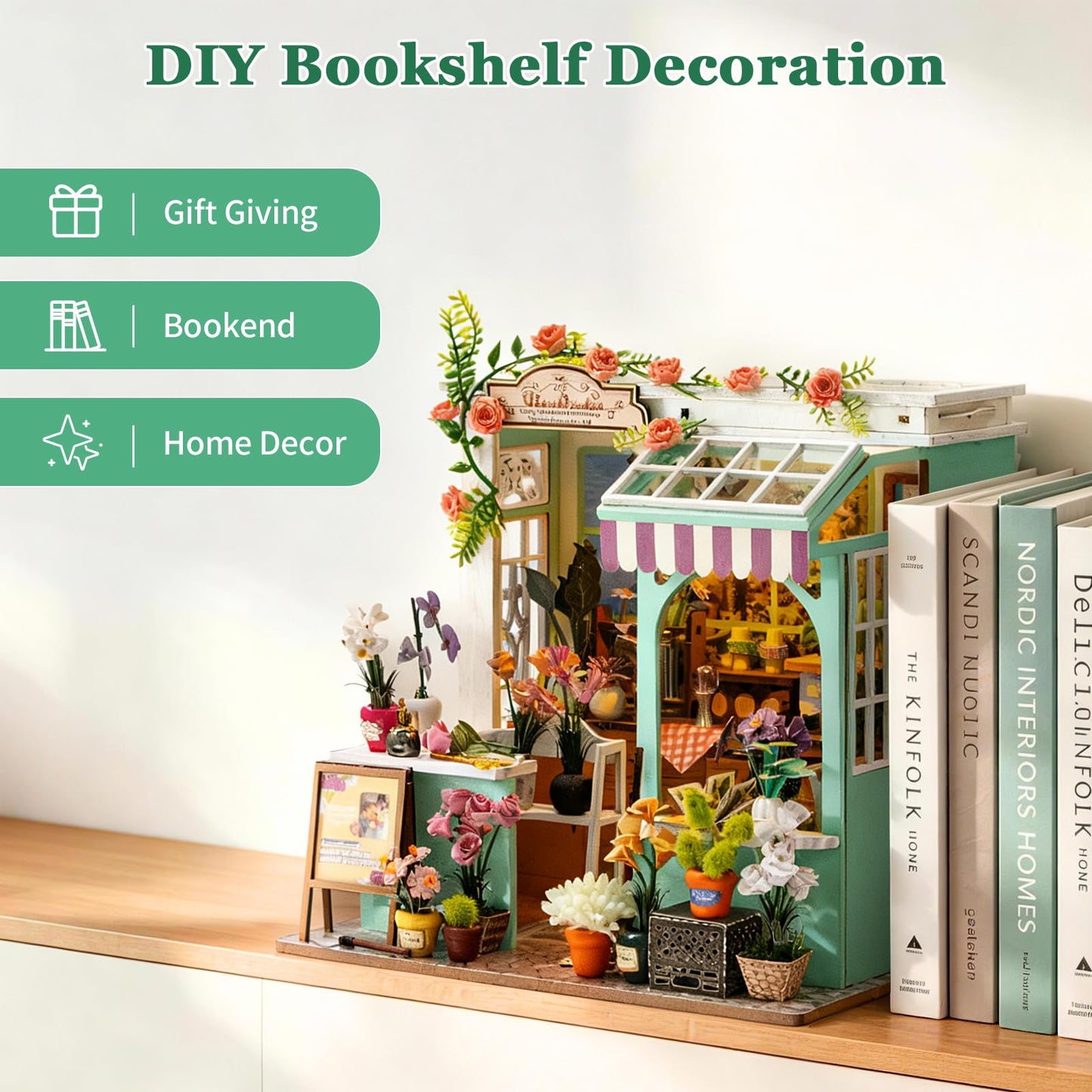 Hallisun DIY Miniature House Kit, Alice Garden Tiny 3D Wooden House Making Set for Adults, Dollhouse Bookshelf Decor with Furniture & LED Lights, Christmas Birthday Greenhouse Craft Gift for Friend