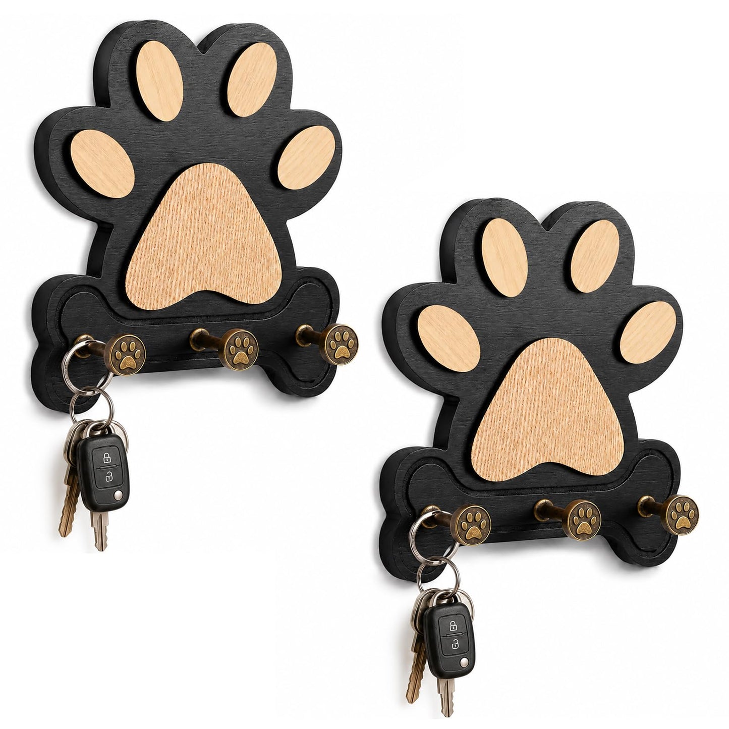 MLLNFUE 2 Pack Dog Leash Holder for Wall, Wooden Key Holder Wall Mount with 3 Metal Hooks, Dog Paw Organizer for Dog Owners and Pet Lovers (Black)