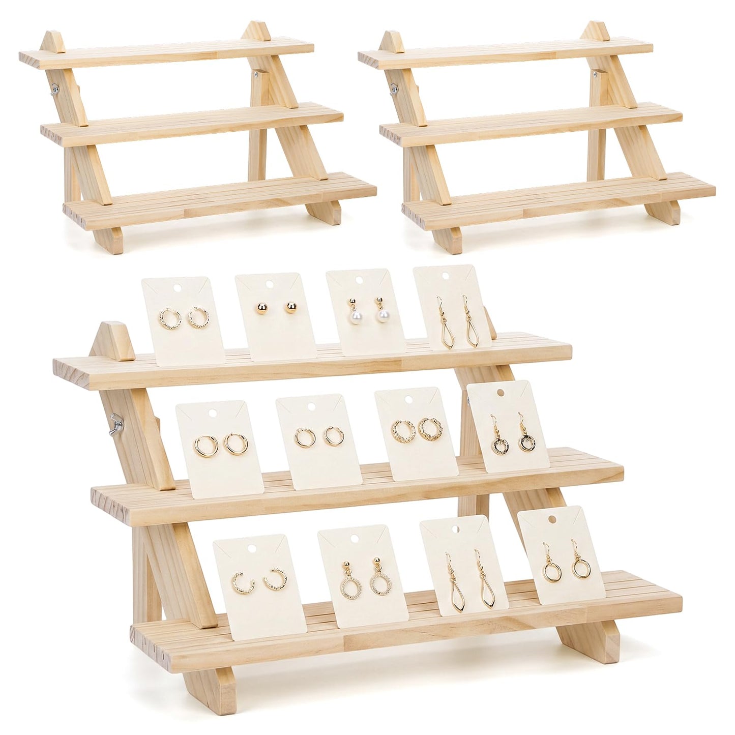 kuyeyzu 2 Pack 3 Tier Wooden Riser, Earring Display for Vendors - Solid Wood Tiered Stand with Groove for Jewelry Cards, Cupcakes, Party Desserts, Retail Booth & Farmers Market