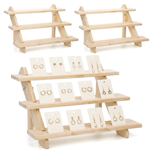 kuyeyzu 2 Pack 3 Tier Wooden Riser, Earring Display for Vendors - Solid Wood Tiered Stand with Groove for Jewelry Cards, Cupcakes, Party Desserts, Retail Booth & Farmers Market