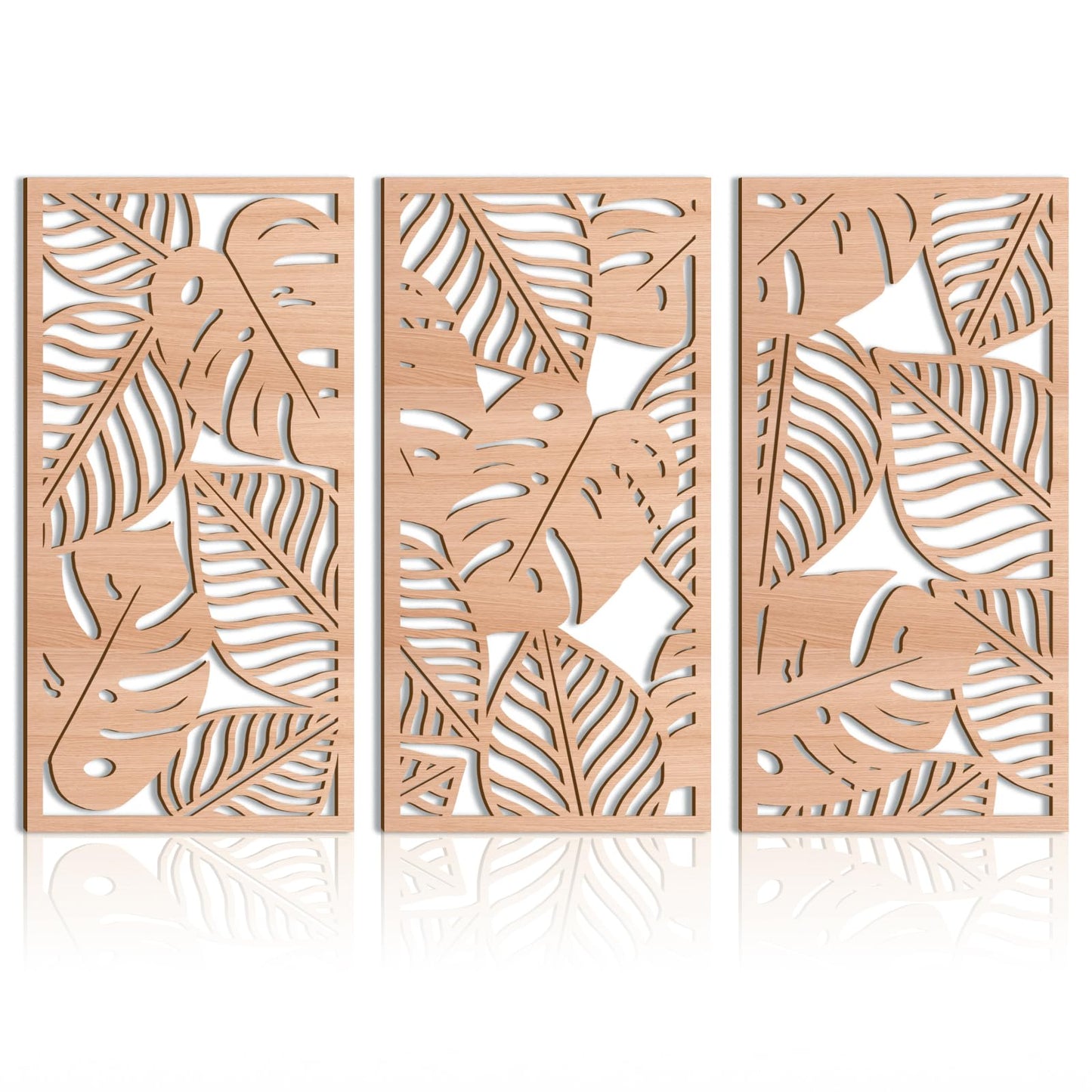 IARTTOP Large Wood Tropical Wall Art 15.9X32 Inch Carved Palm Leaves Wall Decor Coastal Leaf Monstera Plant Wall Sculptures for Living room Bedroom Set of 3
