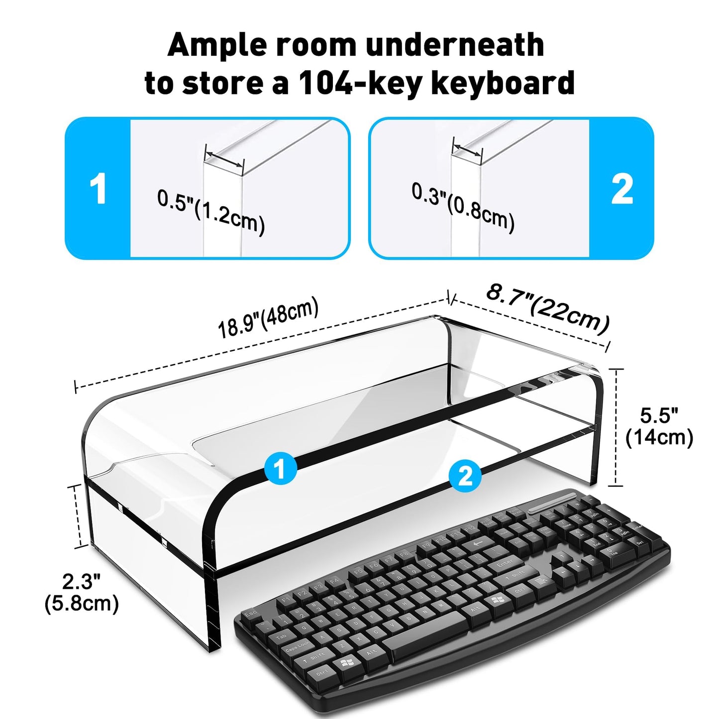 AboveTEK 2-Tier Acrylic Monitor Stand, Computer Riser for Home Office, Clear Monitor Riser for Keyboard Storage, 18.9" x 8.7" Multi Monitor Desk Stand for iMac Multi-Media Laptop Printer TV