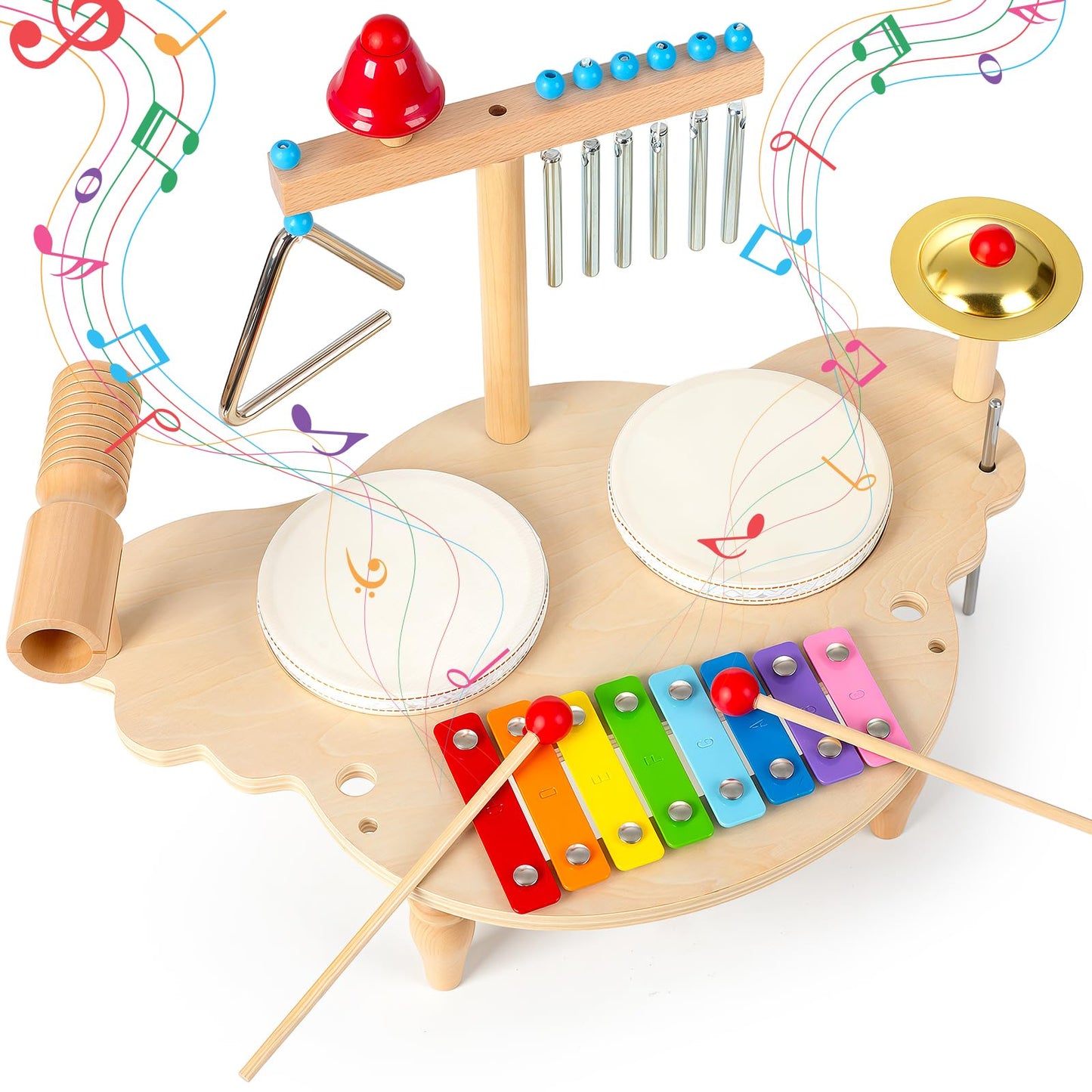 Baby Drum Set for Toddlers 1-3, Wooden Musical Percussion Instruments with Xylophone, Kids Drumset Educational Montessori Music Toys Birthday Gift for Boys Girls