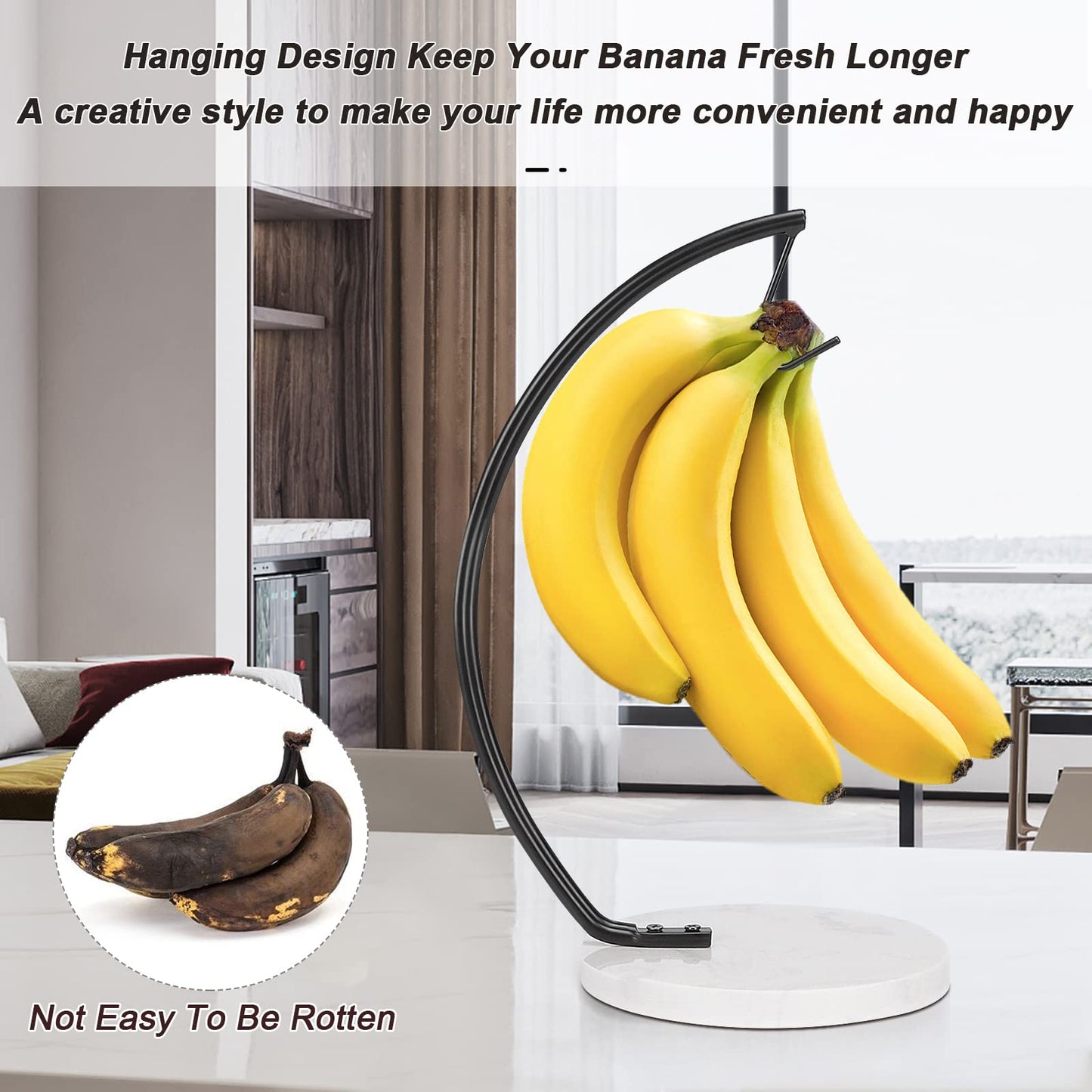 Livabber Flat Wooden Napkin Holder+Marble Banana Holder, Metal Napkin Holder with Weighted Tension Arm and Banana Hanger with Single Hook for Countertop, Kitchen, Dining Room (Black)
