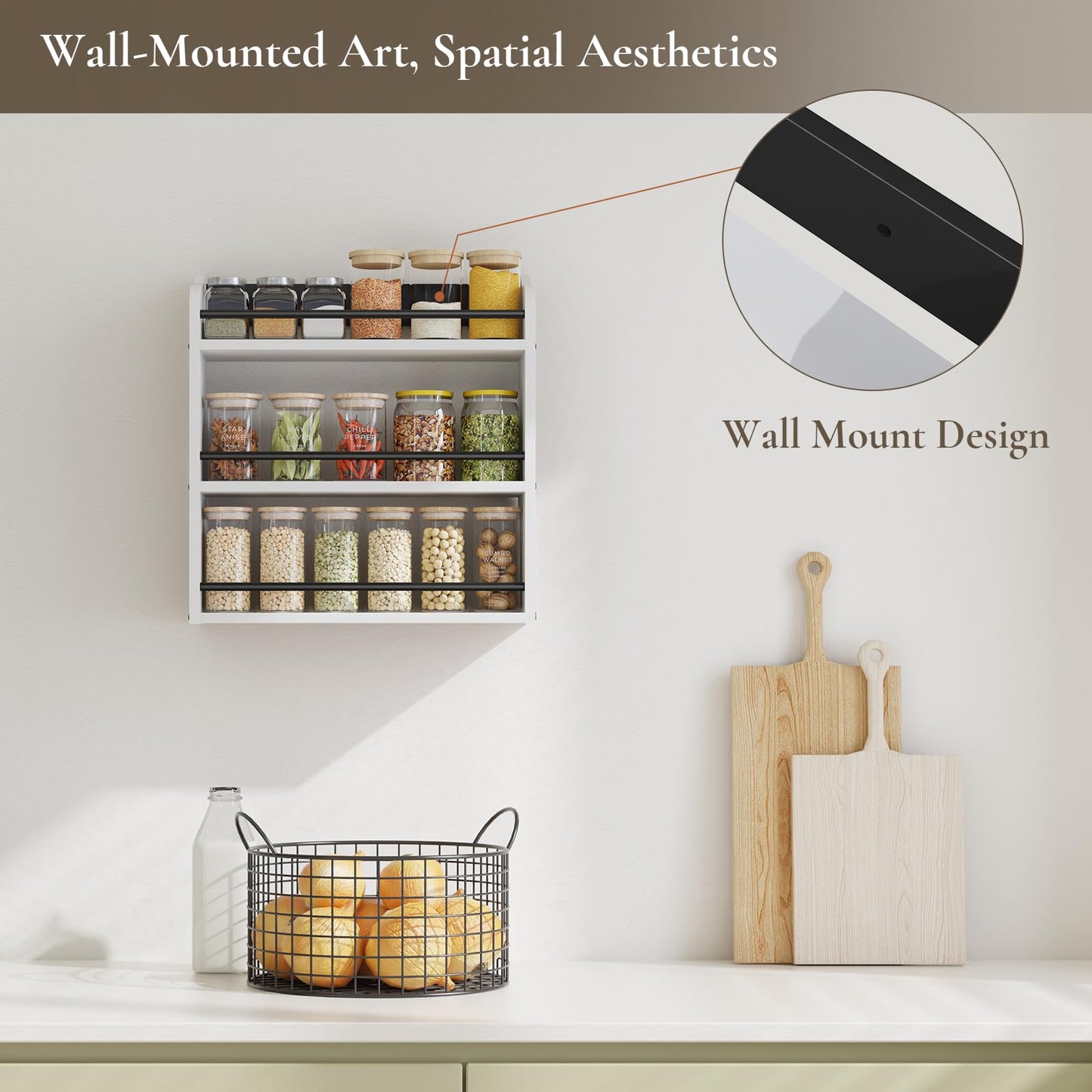 BCOZLUX 3 Tier Wooden Spice Rack, Seasoning Jars Rack Shelf Spice Organizer for Countertop or Wall Mount, Vertical Spice Holder for Kitchen Counter, Cabinet, Pantry, White