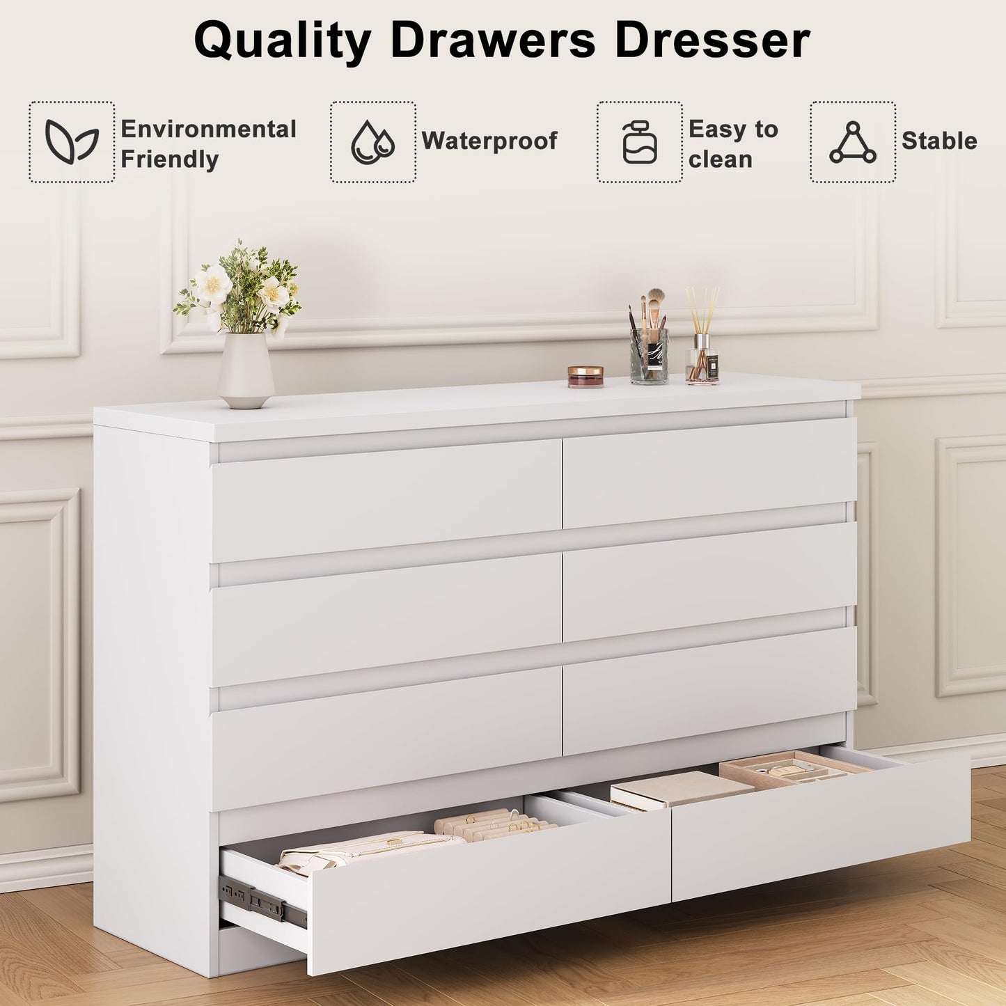 Jocoevol Modern White 8 Drawer Dresser for Bedroom, 15.3" D x 55.2" W x 32.3" H Simply Chest of Drawers, Wood Storage Dresser with Deep Drawers for Living Room Hallway Entryway, White