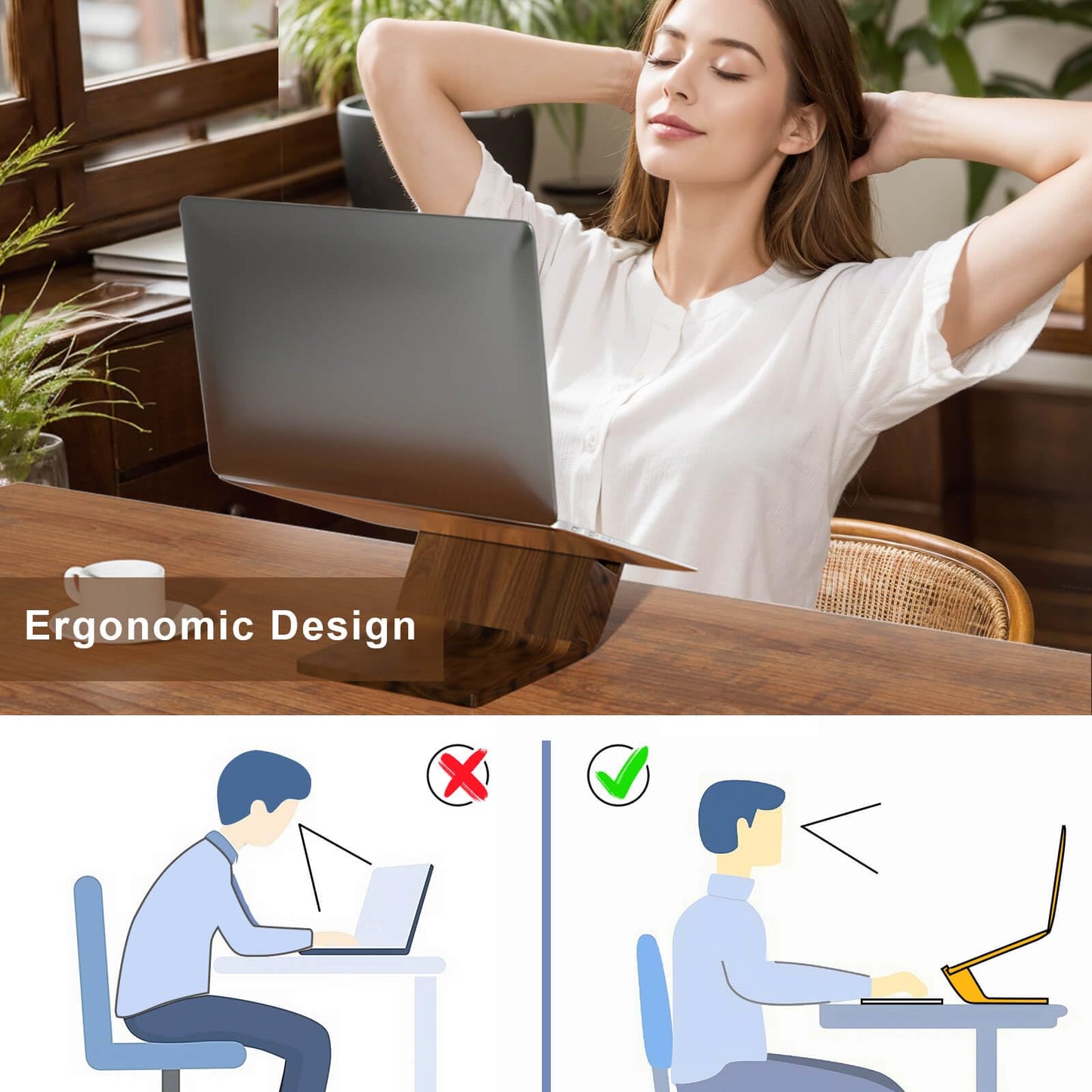 NAMAII Wooden Laptop Stand, Ergonomic Computer Stand for Desk, Portable Laptop Riser, Notebook Stand Holder Compatible with MacBook Pro/Air, Dell, HP, Lenovo and All Laptops (10-17 inch), Walnut