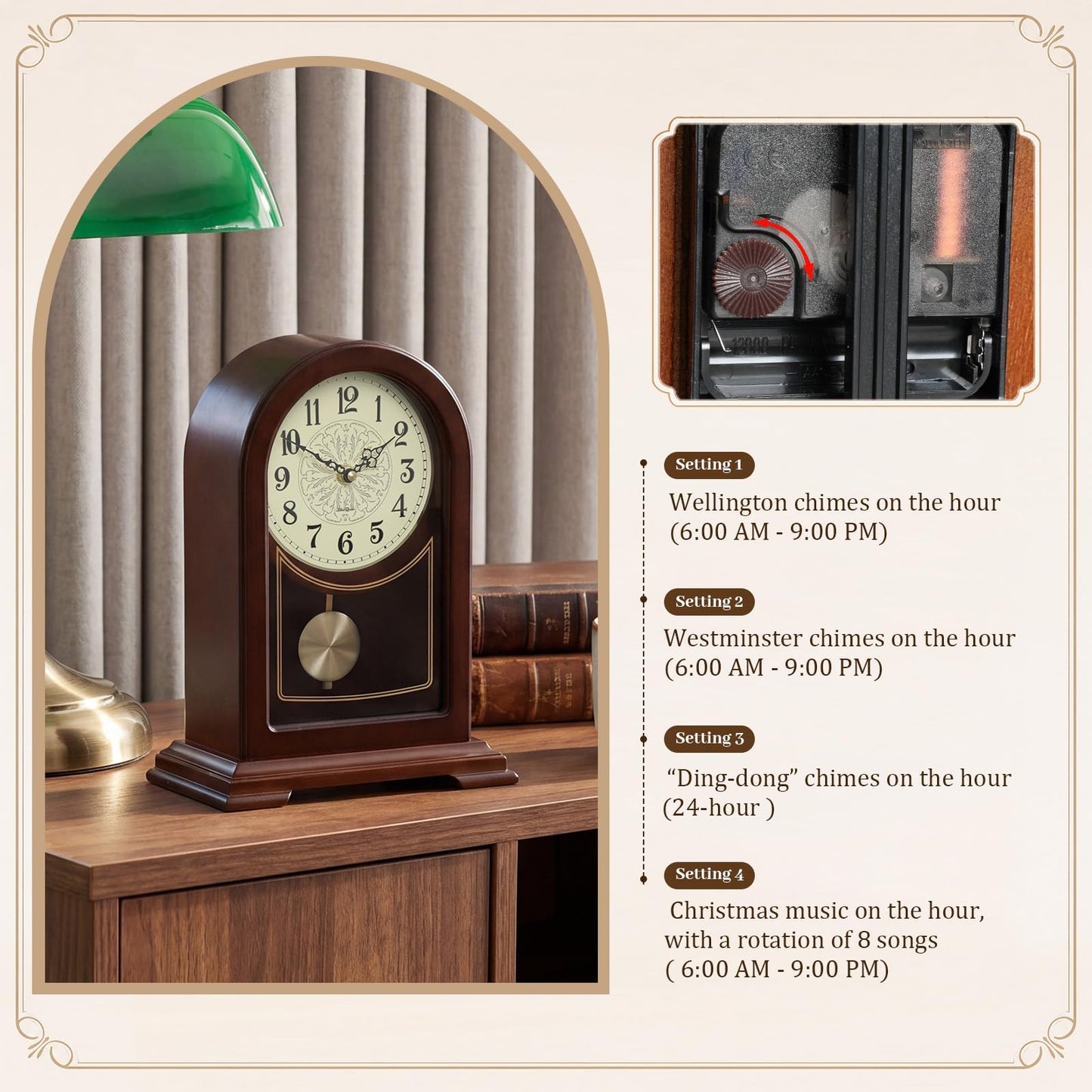 Tondiamo Brown Wooden Mantel Clock with Hourly Chime Swinging Round Pendulum Silent Quartz Desk Clocks Table Clock for Living Room Decor Above Fireplace Shelf Office, Battery Operated