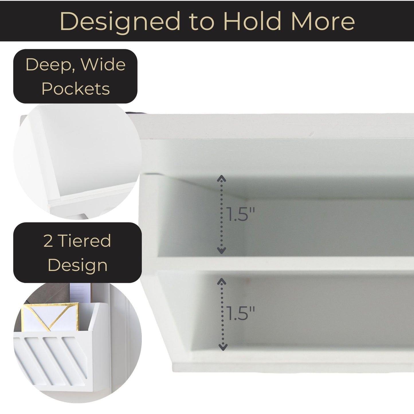 BLU MONACO | Wall Mount Key Holder with Mail Organizer | Wooden Command Center with 3 Hooks and 2-Tier Letter Pockets | Entryway Mail Sorter & Key Rack | White Geometric Wall Organizer for Office Home