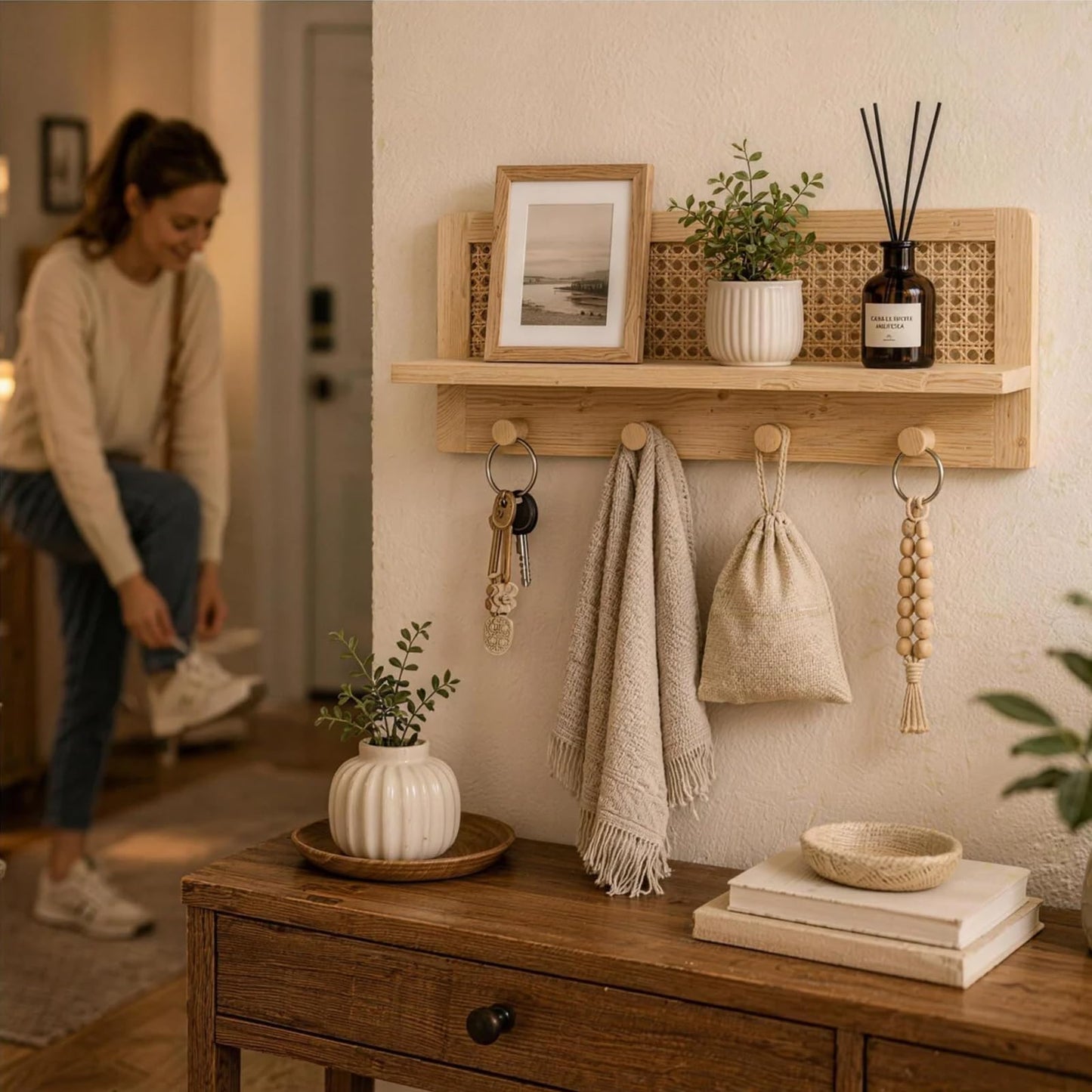 HLiikuikin Rattan Wall Shelf with 4 Hooks, Entryway Key Holder & Coat Rack Wall Mount