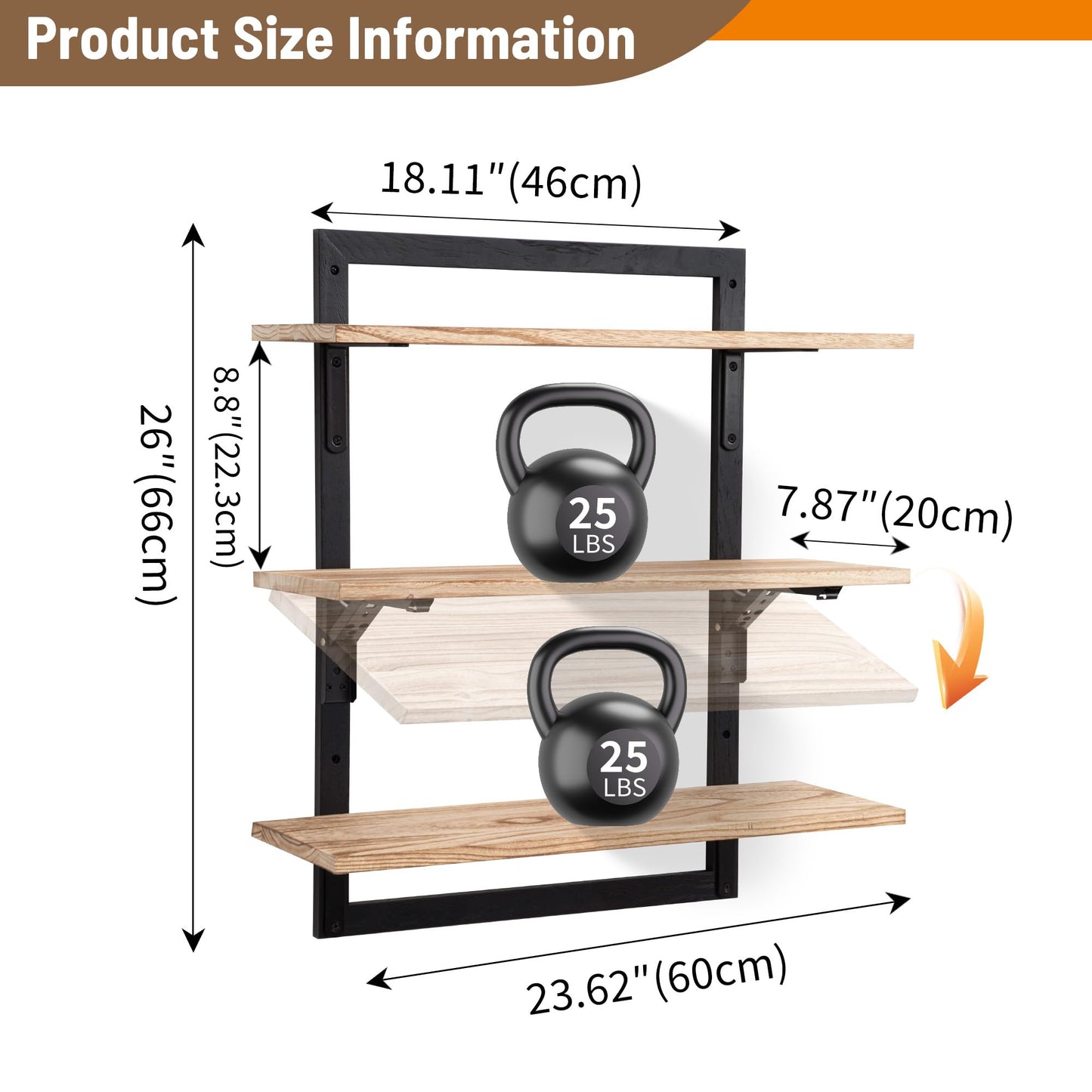 Wodhels 24-Inch Floating Shelves for Wall，3-Tier Wooden Wall Mounted Kitchen Shelves with Foldable Brackets,Hanging Wall Shelves for Living Room, Coffee Bar，Bedroom, Bathroom,Rustic Brown