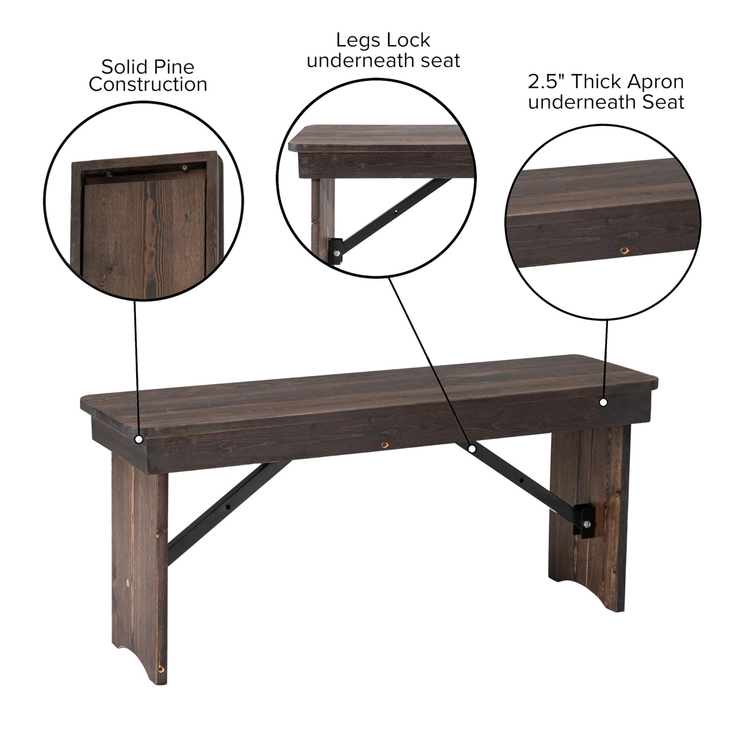 Flash Furniture HERCULES 40" x 12" Folding Farm Bench, Solid Pine Entryway Bench in Mahogany