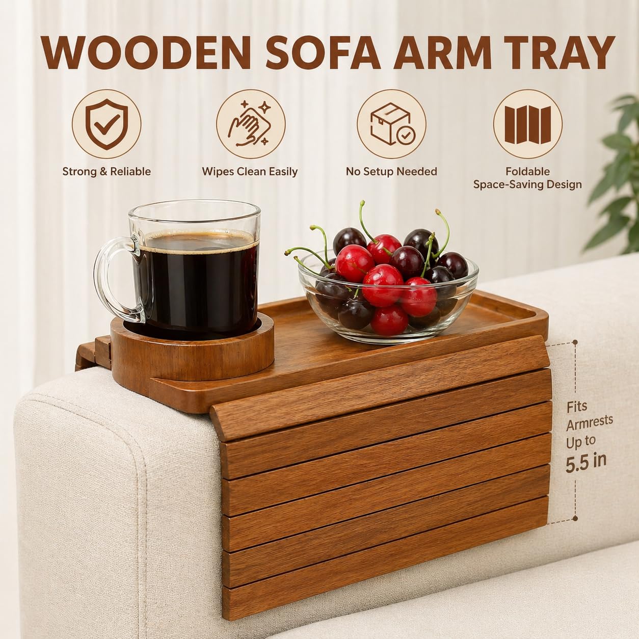NSS ESSENTIALS Acacia Wood Couch Arm Tray Table with Cup Holder - Flexible Sofa Armrest Tray for Drinks, Snacks & Remote - Natural Wooden Sofa Side Table for Couch, Recliner & Armchair, Natural Wood