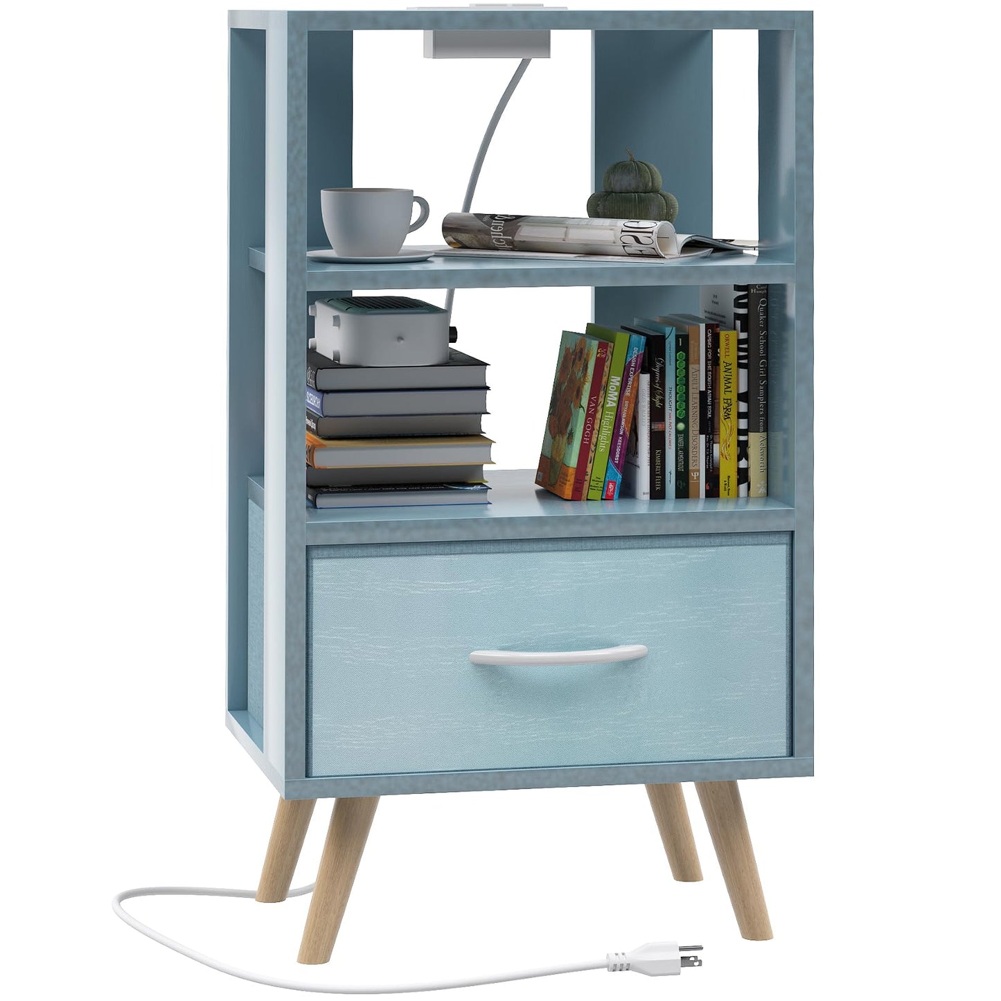 Aenuert Night Stand with Charging Station, Blue Nightstand with Drawer, 3-Tier Wooden Bedside Table with USB Ports and Outlets, End Table for Small Space, Living Room, Bedroom