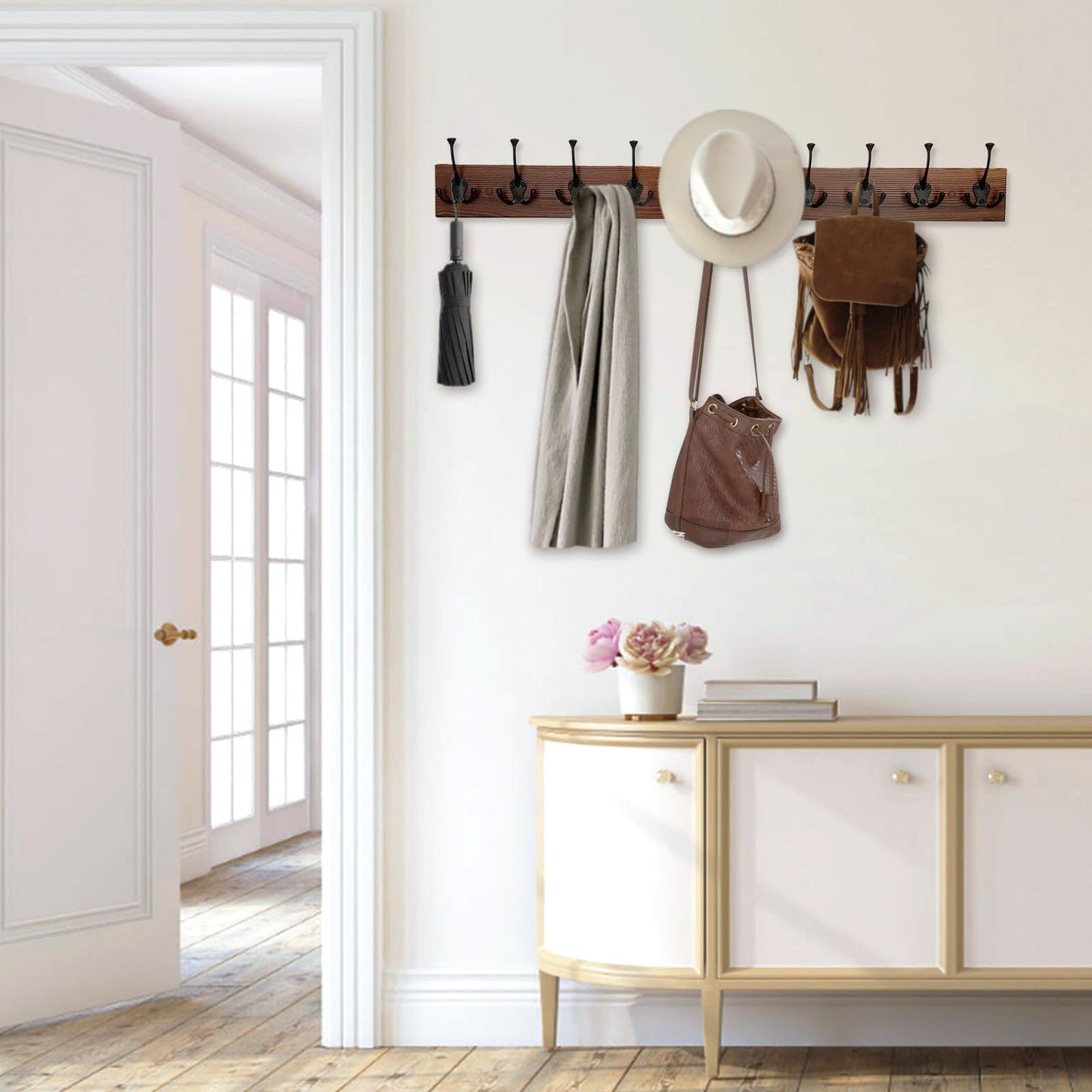 IBosins 34'' Coat Rack Wall Mount with 10 Decorative Tri-Hooks, Heavy Duty Wood Coat Hanger, Rustic Coat Hooks Rail for Entryway Living Room Coat Scarf Bag Towel Hat