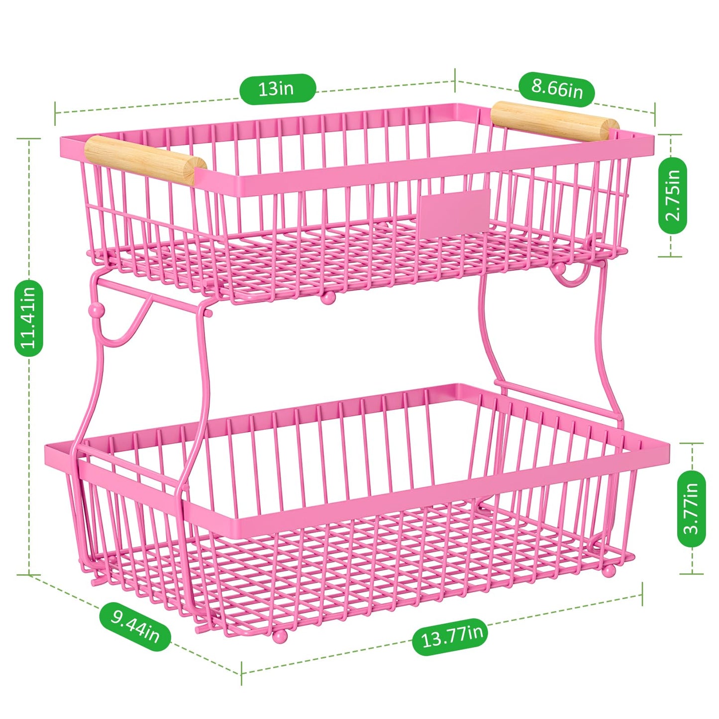 2 Tier Fruit Basket for Kitchen Counter with 2 Banana Hangers, Countertop Metal Fruit Bowl with Wooden Handle, Large Storage Stand for Vegetables, Snacks, Breads, Produce Storage – Rose Pink